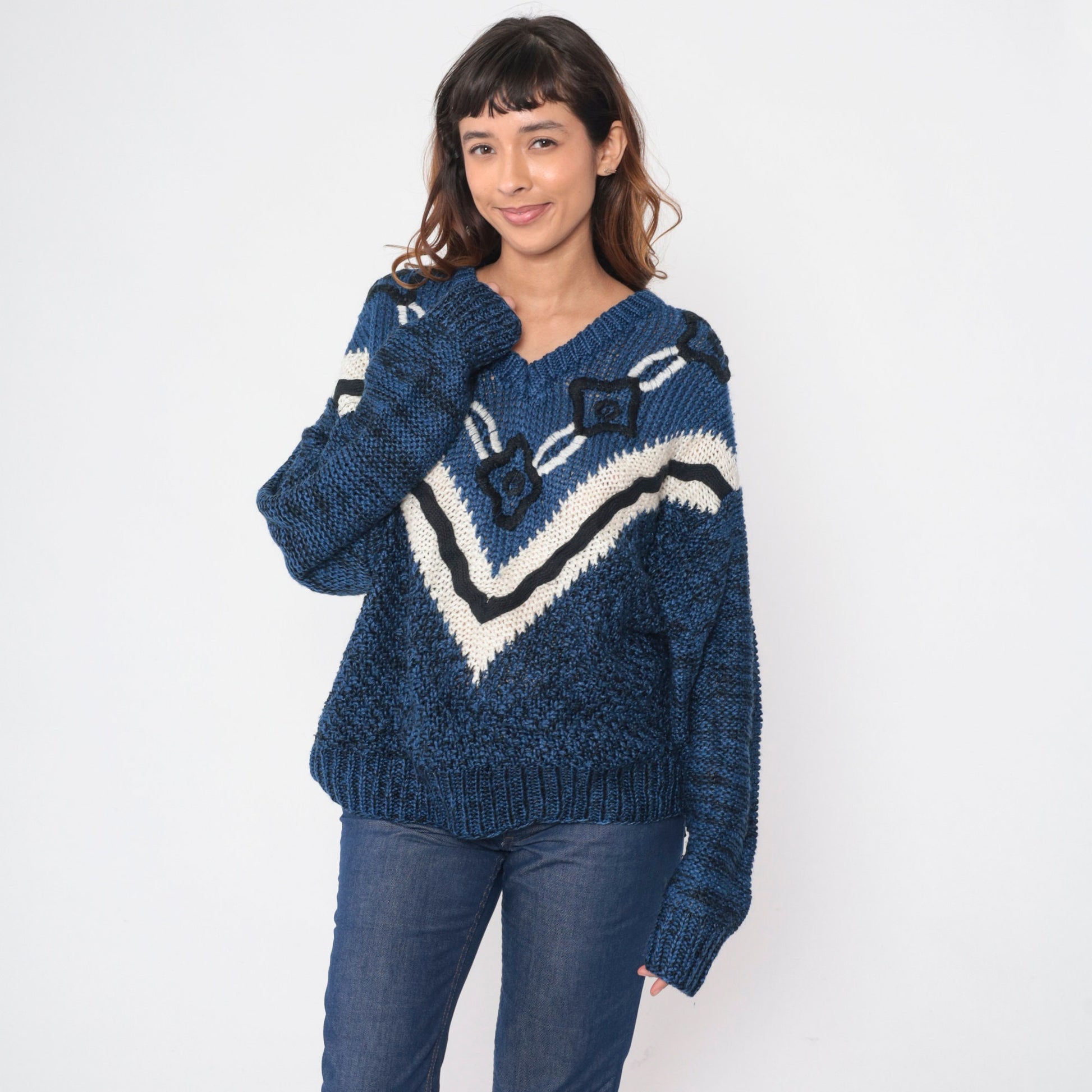 90s Embroidered Floral Knit Sweater Blue Black Chevron Stripe Extra Large