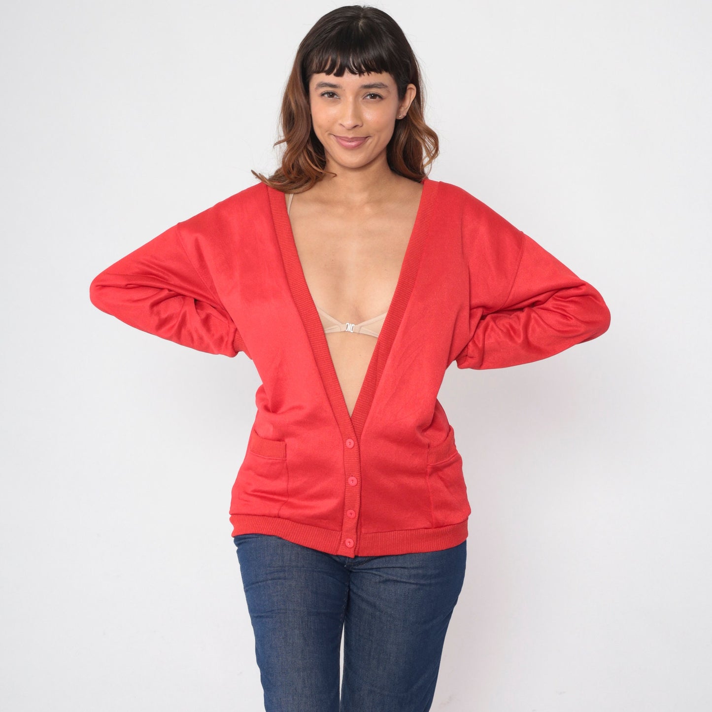 90s Red Cardigan Sweater Button Up Deep V Neck Pockets Medium Large