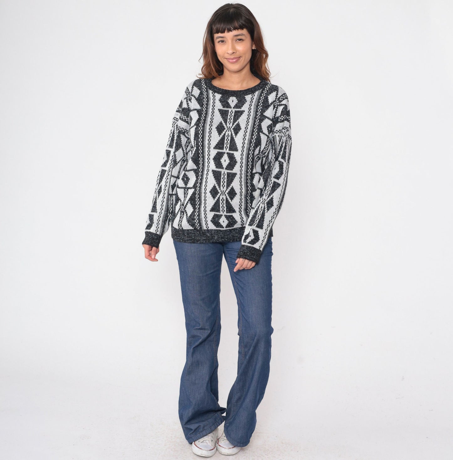 90s Black White Geometric Abstract Knit Sweater Crewneck Large L