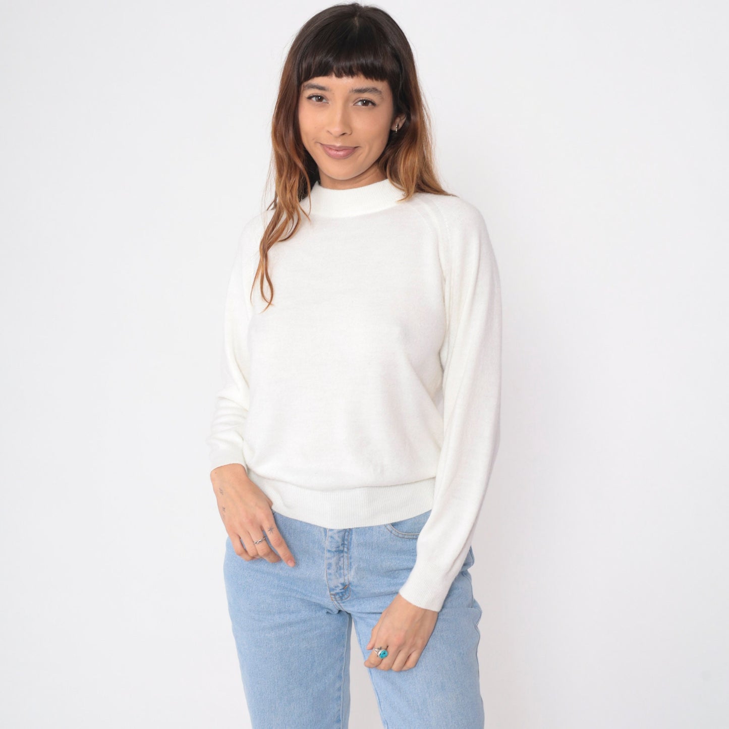 70s White Knit Sweater Mock Neck Raglan Pullover Small