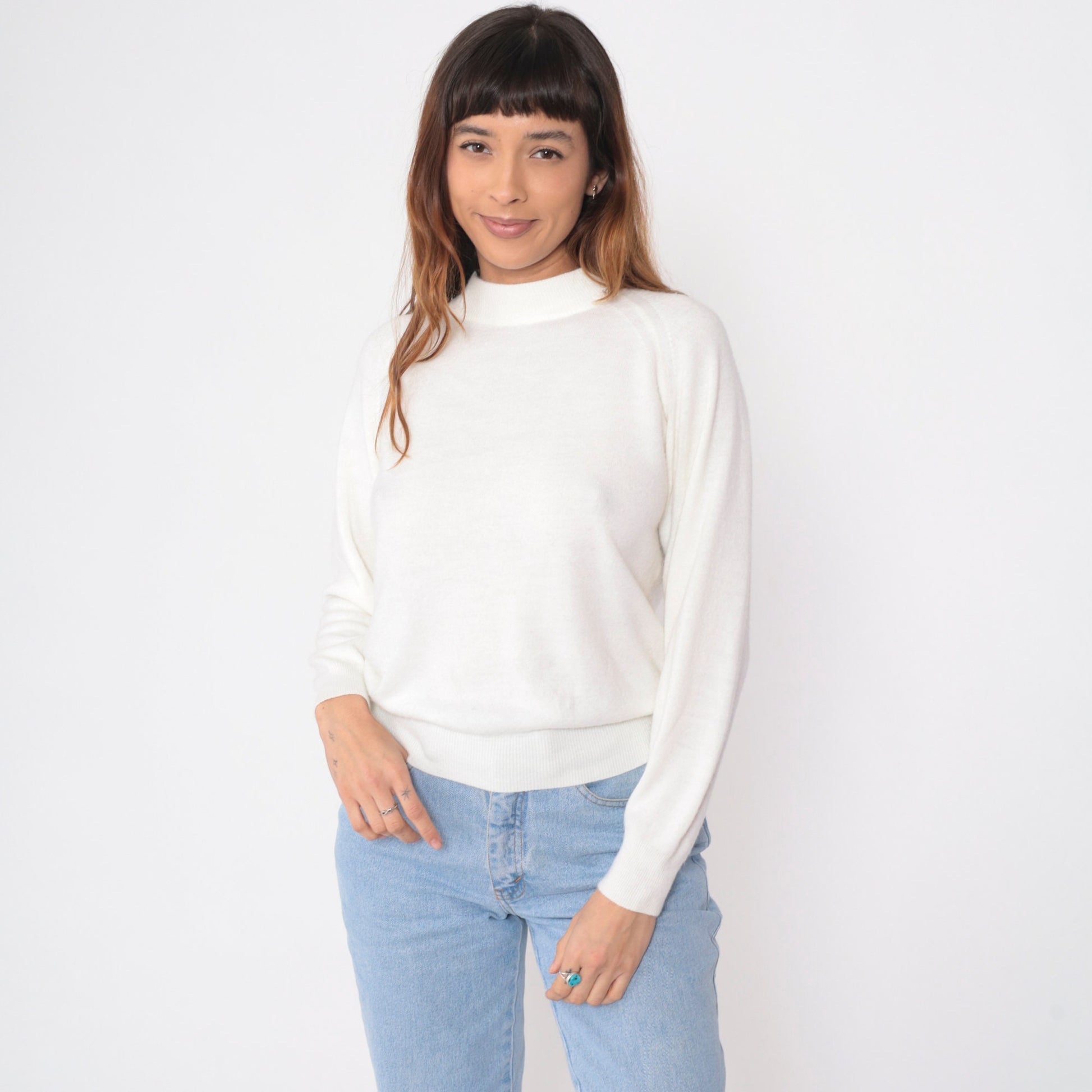 70s White Knit Sweater Mock Neck Raglan Pullover Small