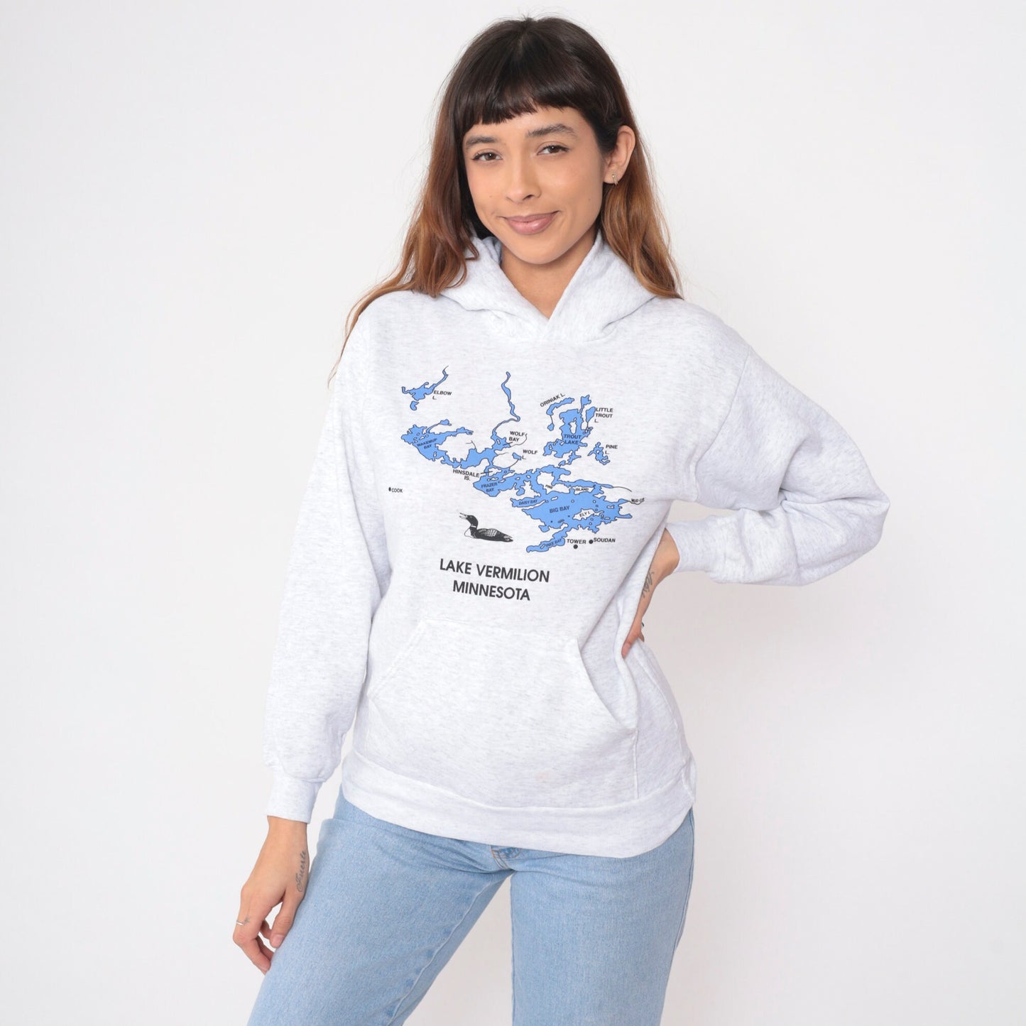 Y2K Lake Vermilion Minnesota Loon Hoodie Heather Grey Extra Small