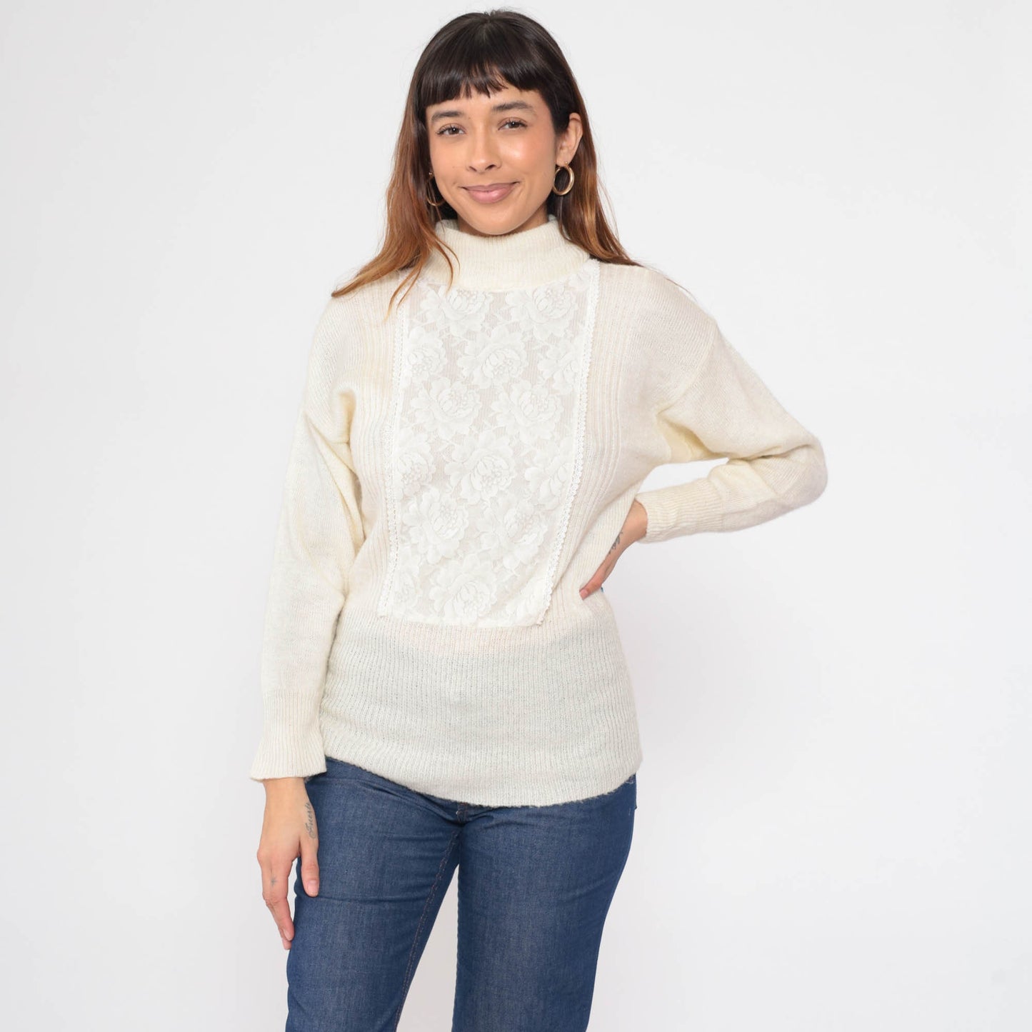 70s Jack Winter Cream Lace Mock Neck Sweater Knit Pullover Extra Small