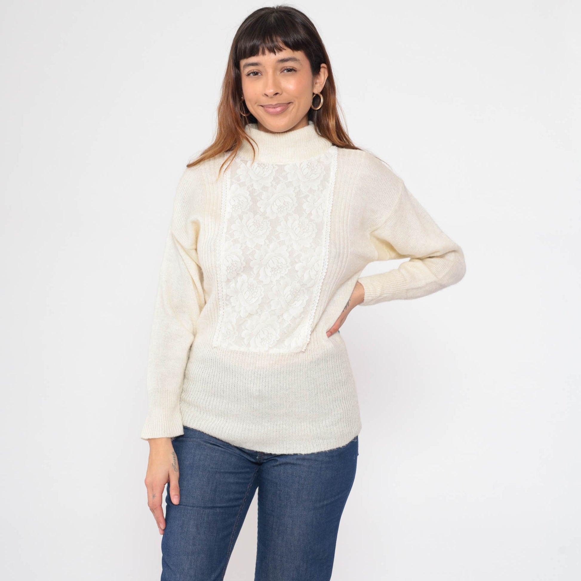70s Jack Winter Cream Lace Mock Neck Sweater Knit Pullover Extra Small