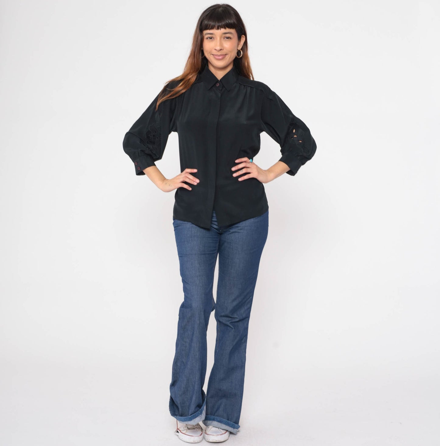 80s Black Floral Embroidered Blouse Cutout 3/4 Sleeve Button-Up Small