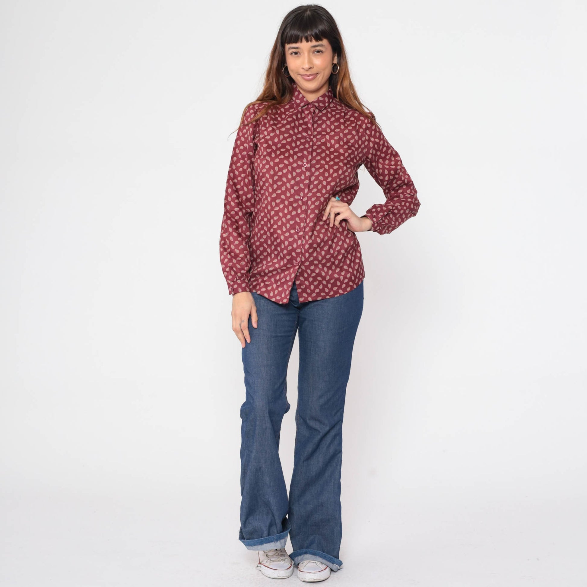 80s Burgundy Paisley Button-Up Blouse Long Sleeve Collar Medium