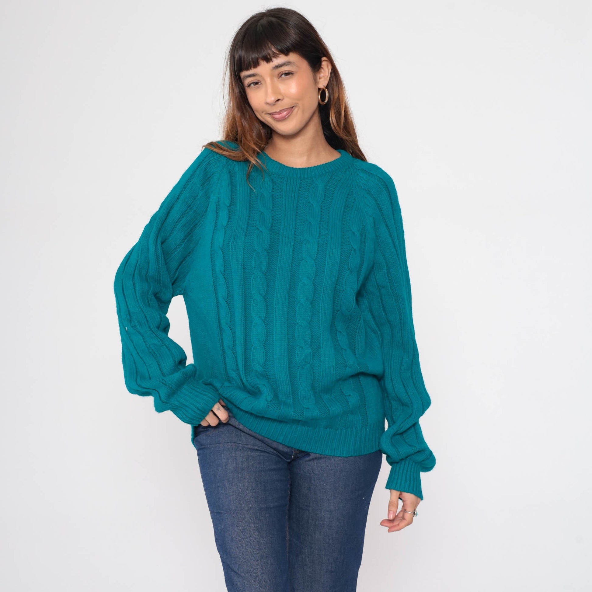 80s Wrangler Teal Cable Knit Crewneck Sweater Raglan Sleeve Medium