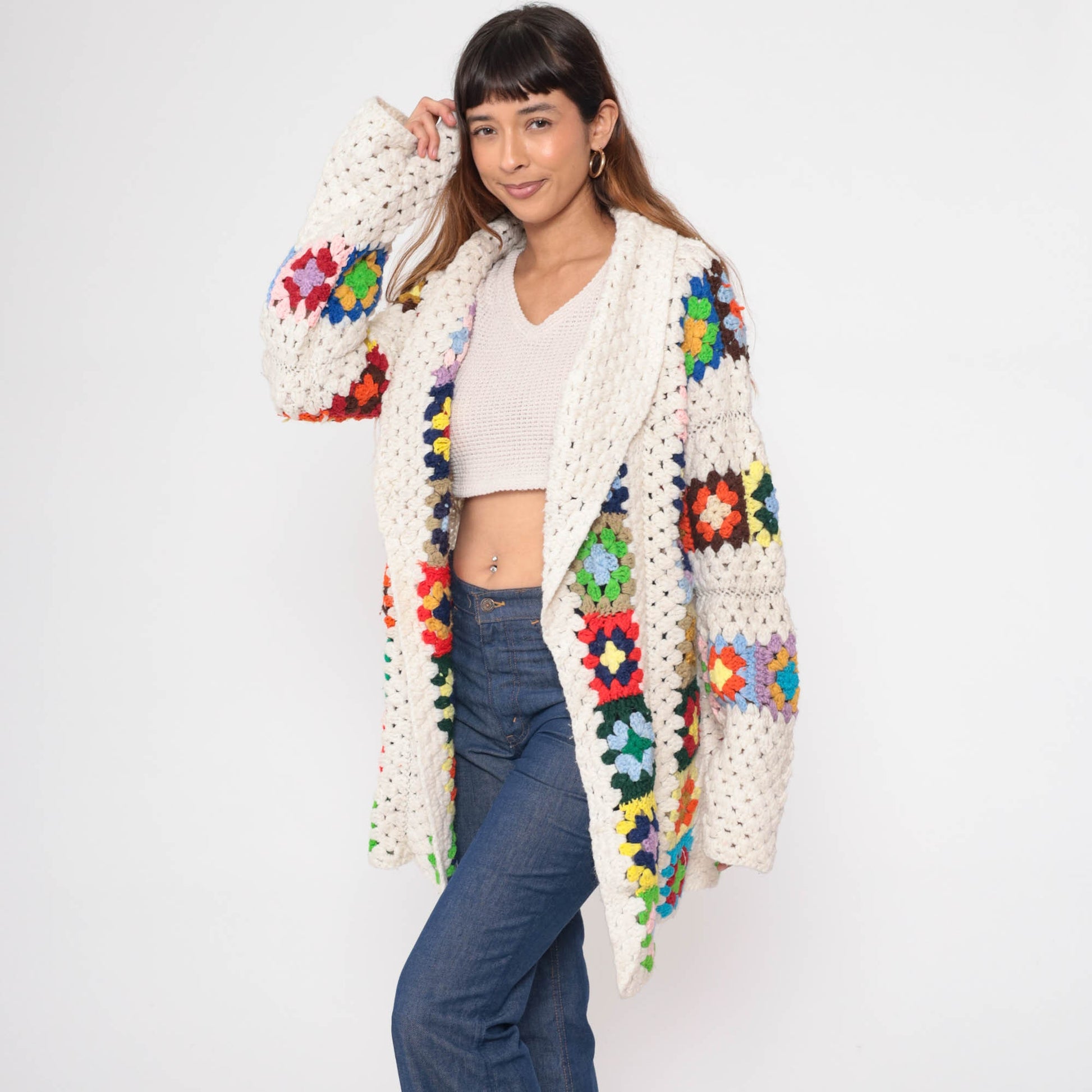 70s Crochet Cardigan Sweater Granny Square Afghan Knit Open Front Off-White Extra Large