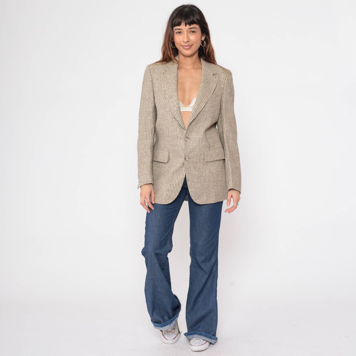 80s Striped Wool Blend Blazer Grey Beige Tailored Button-Up Small