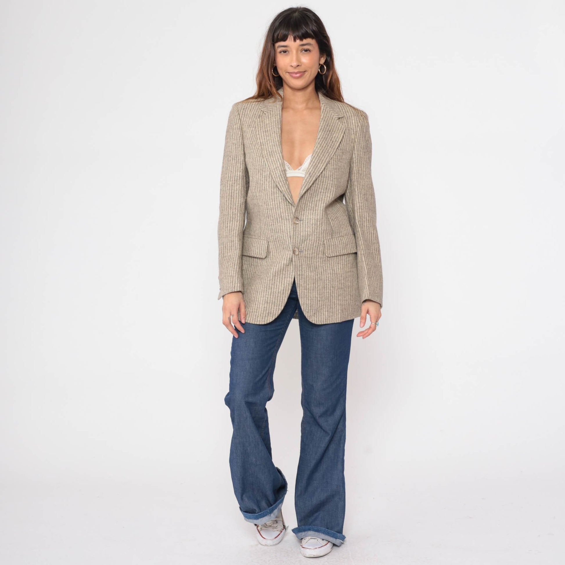 80s Striped Wool Blend Blazer Grey Beige Tailored Button-Up Small