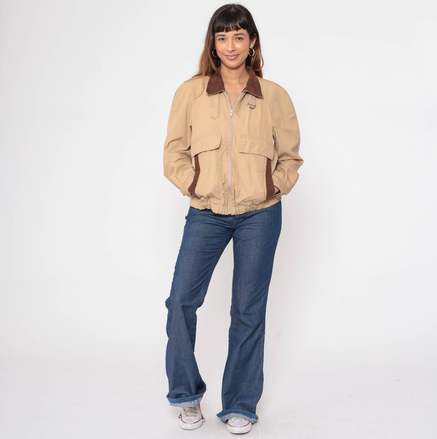 80s Tan Windbreaker Jacket Corduroy Collar Utility Pockets Zip Medium