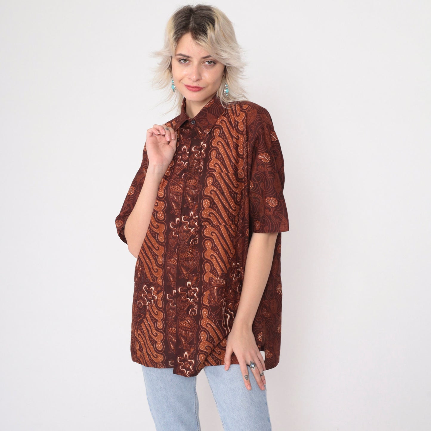 90s Batik Abstract Floral Button Up Shirt Brown Large