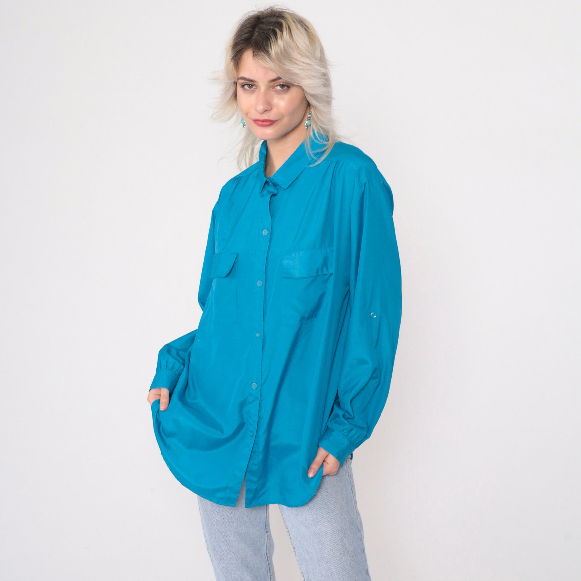 90s Turquoise Button-Up Blouse Gathered Shoulders Roll Tab Sleeves Large
