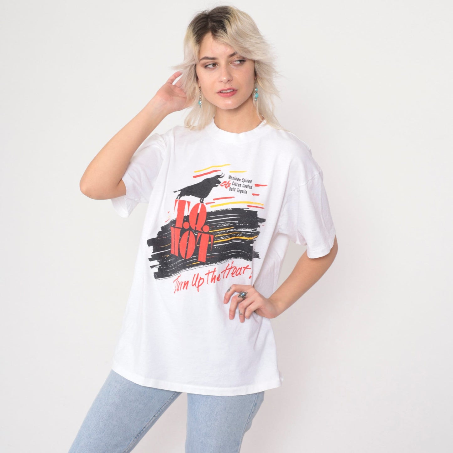 90s TQ Hot Tequila Gold Graphic T-Shirt Single Stitch White Large