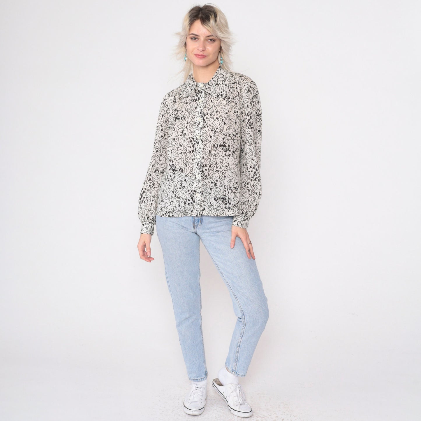 80s Abstract Floral Sketch Blouse Black White Puff Sleeve Button Up Medium