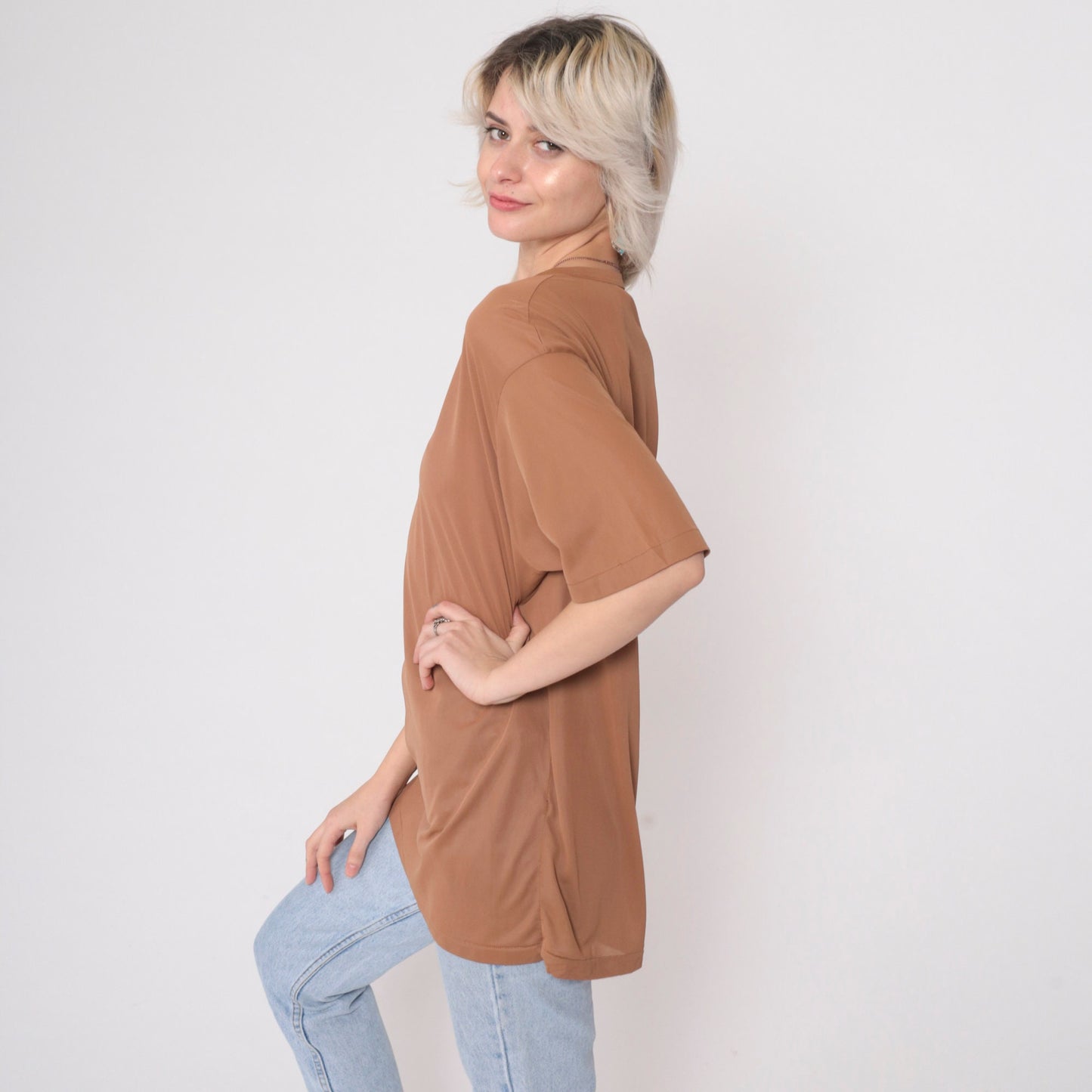 80s Light Brown Nylon Crewneck Blouse Short Sleeve Medium Large
