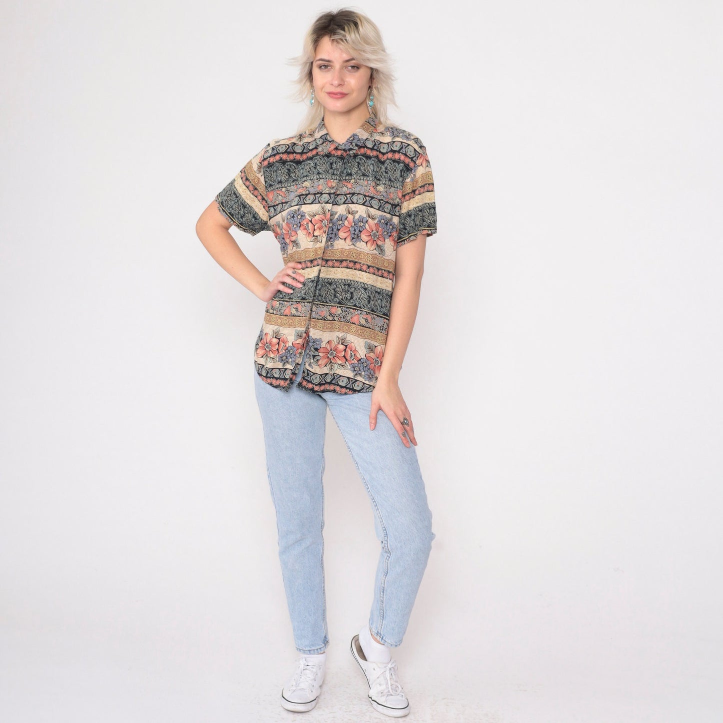 90s O.P.S New York Striped Floral Button-Up Blouse Navy Pink Cream Medium