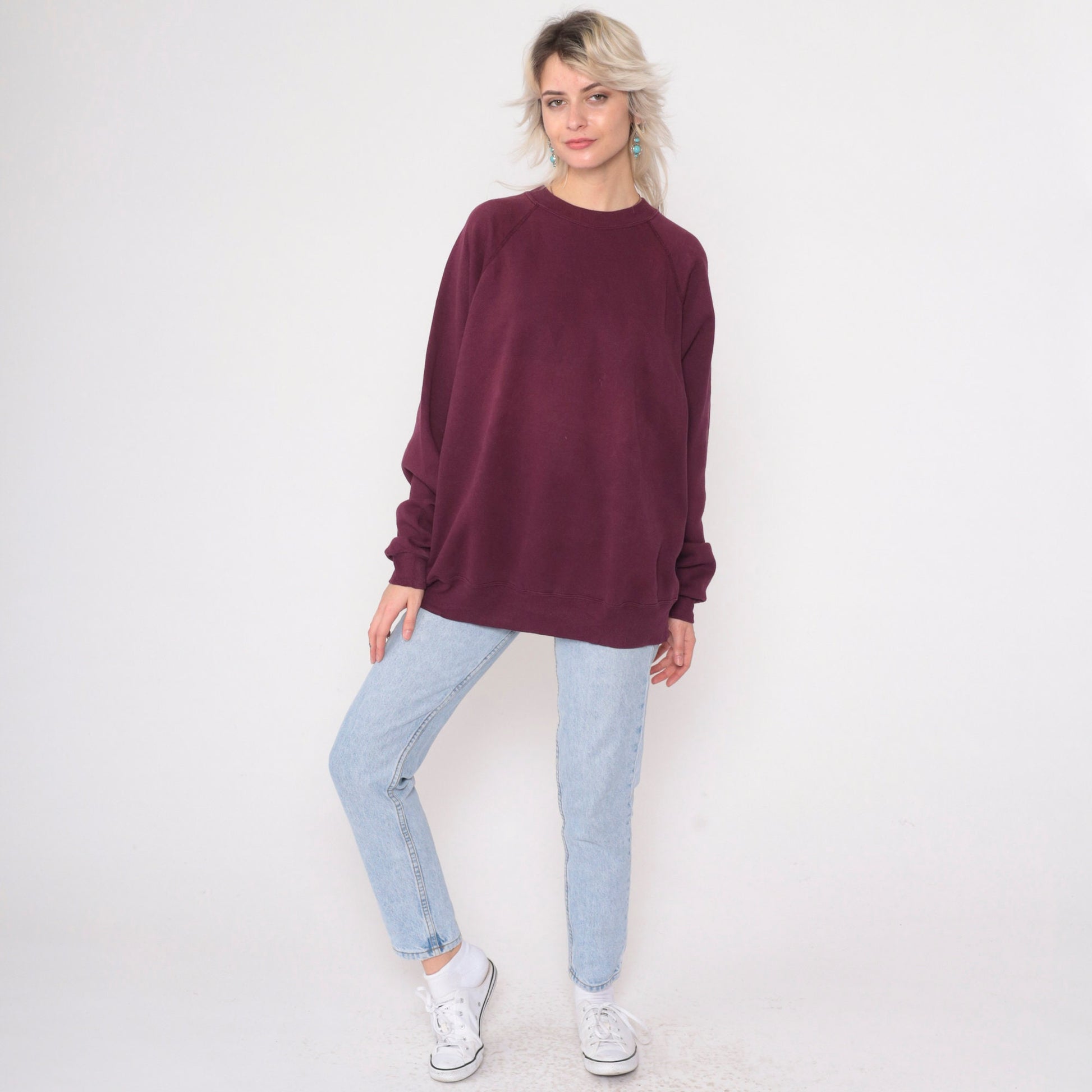 90s Hanes Plum Crewneck Sweatshirt Raglan Sleeve Distressed Extra Large XXL