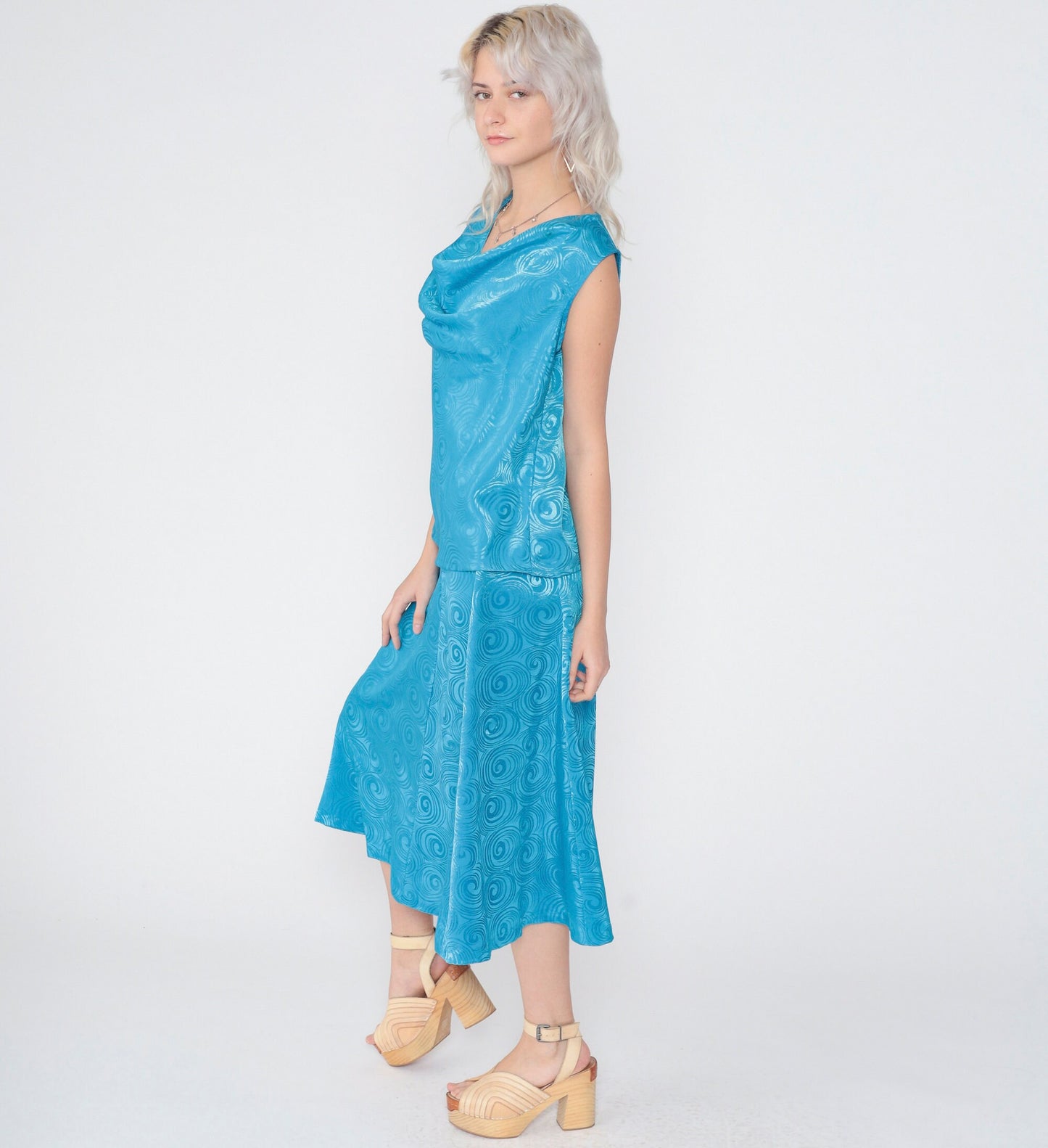 80s Oui Petites Two Piece Set Blue Swirl Cowl Neck Tank Midi Skirt XS