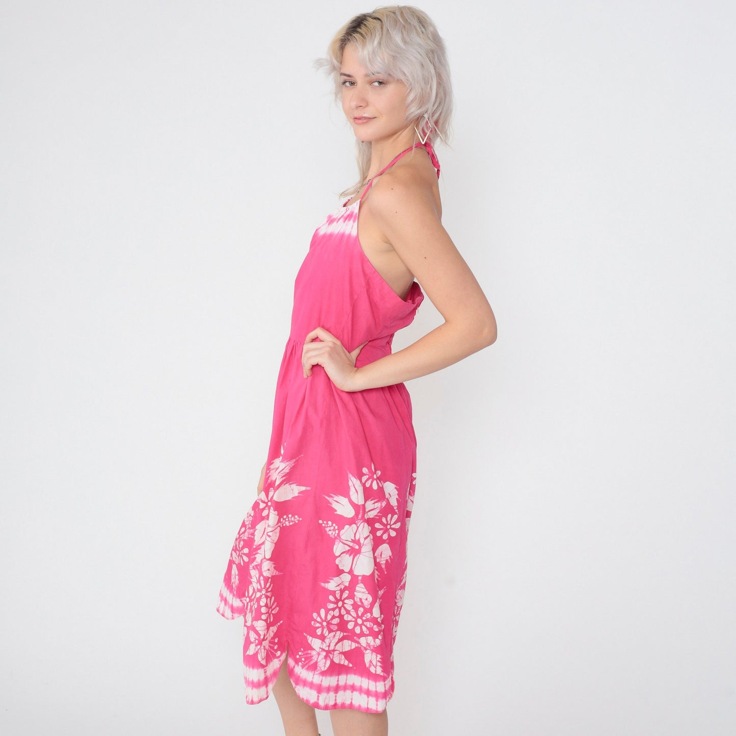 1950s Pink Floral Tie Dye Halter Sundress Open Back Midi Cotton Small