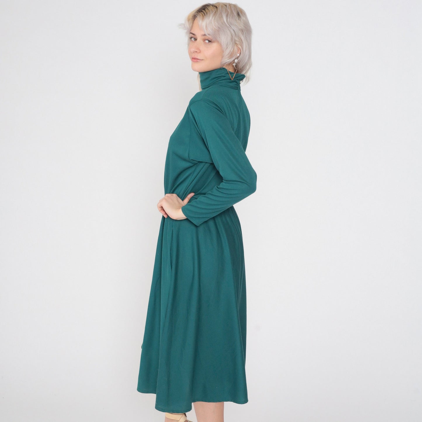 70s Green Turtleneck Midi Dress High Waisted Long Sleeve Pockets Medium
