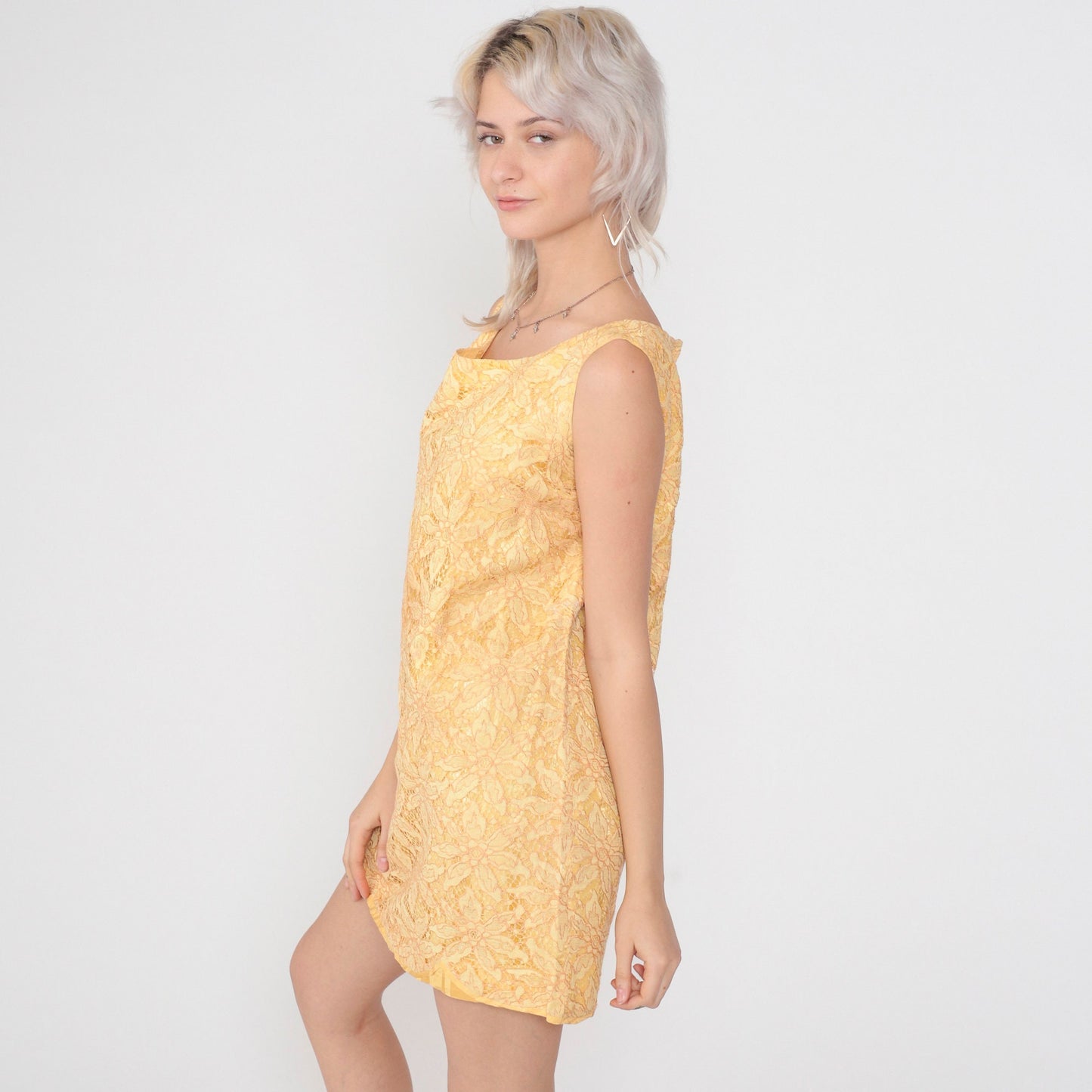60s Yellow Floral Lace Shift Dress Mini Sleeveless Cocktail Medium M