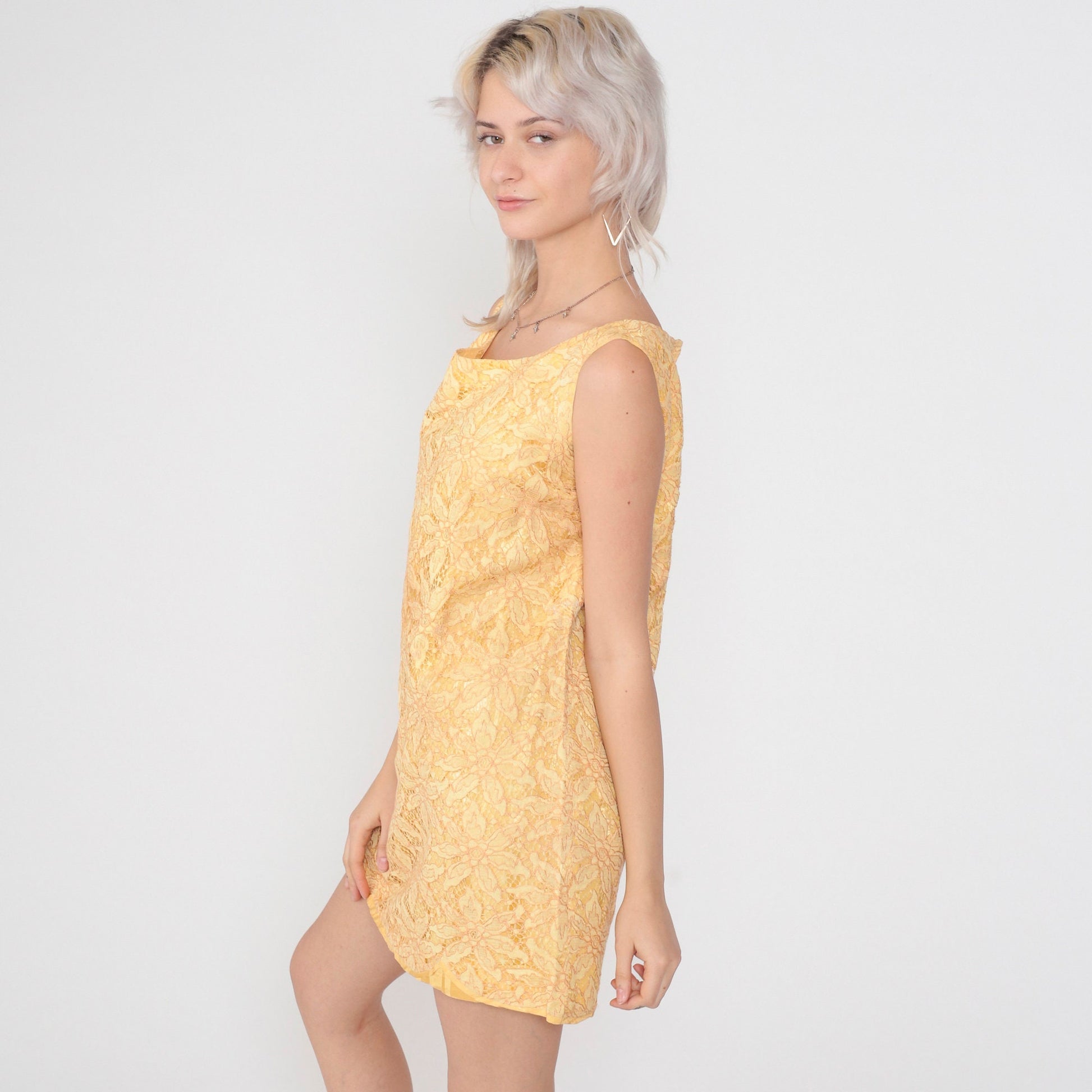 60s Yellow Floral Lace Shift Dress Mini Sleeveless Cocktail Medium M