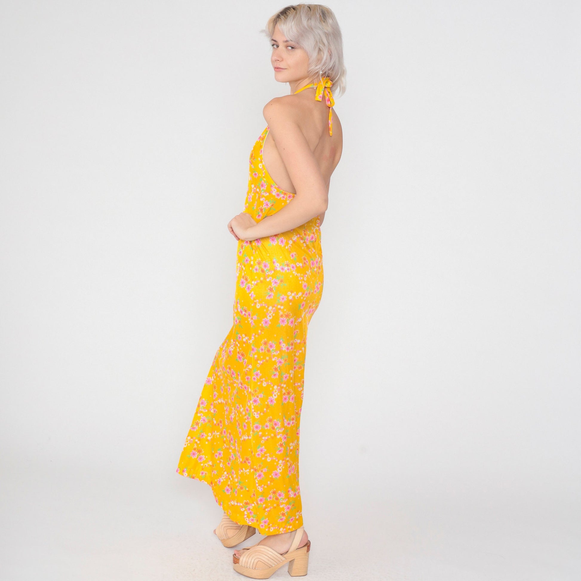 70s Yellow Floral Halter Maxi Dress Empire Waist Backless Extra Small