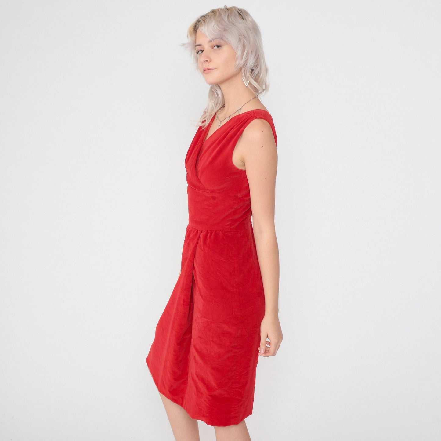 60s Red Velvet Mini Dress Empire Waist V-Neck Sleeveless Extra Small