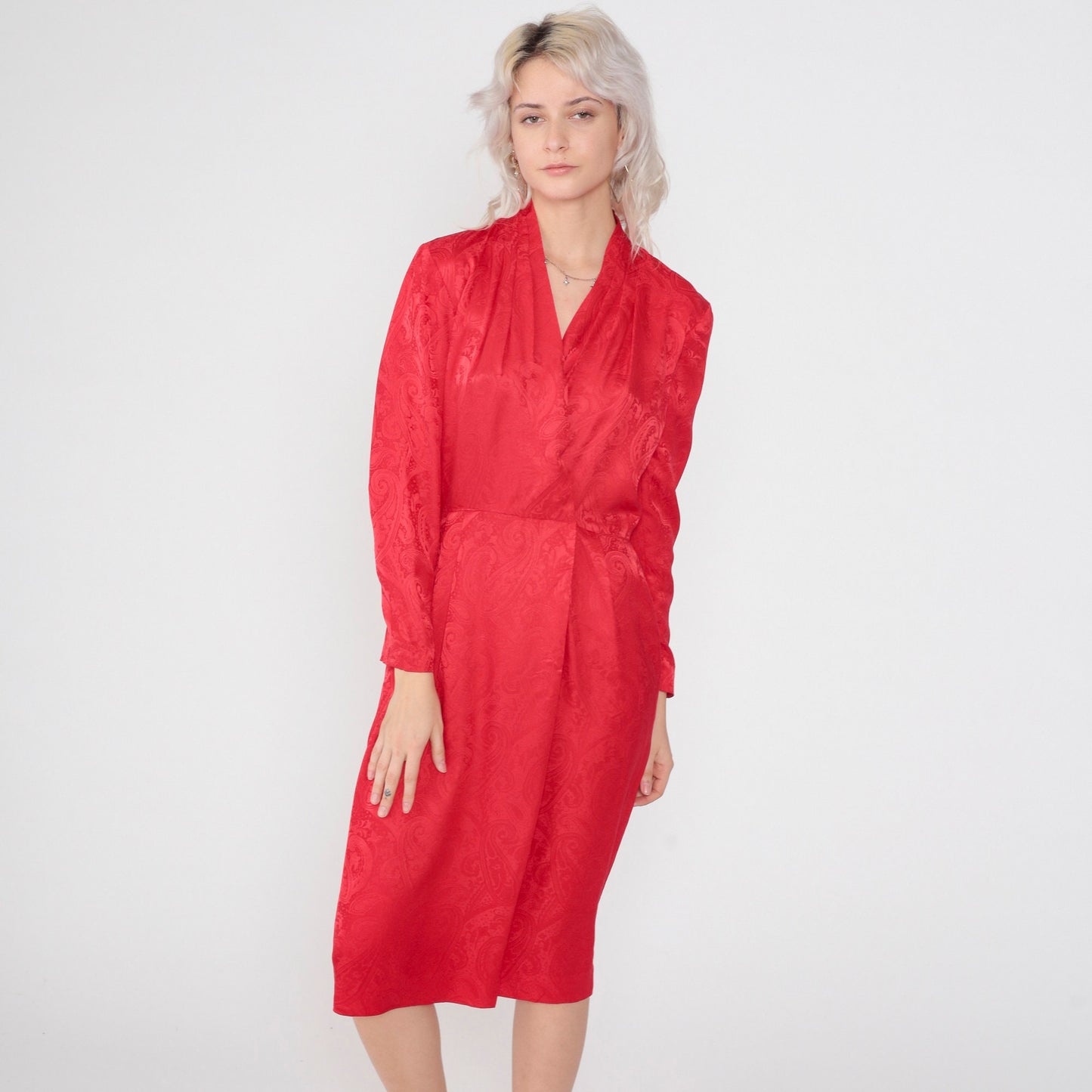90s Liz Claiborne Red Silk Midi Dress Paisley Embossed V-Neck Faux Wrap Small