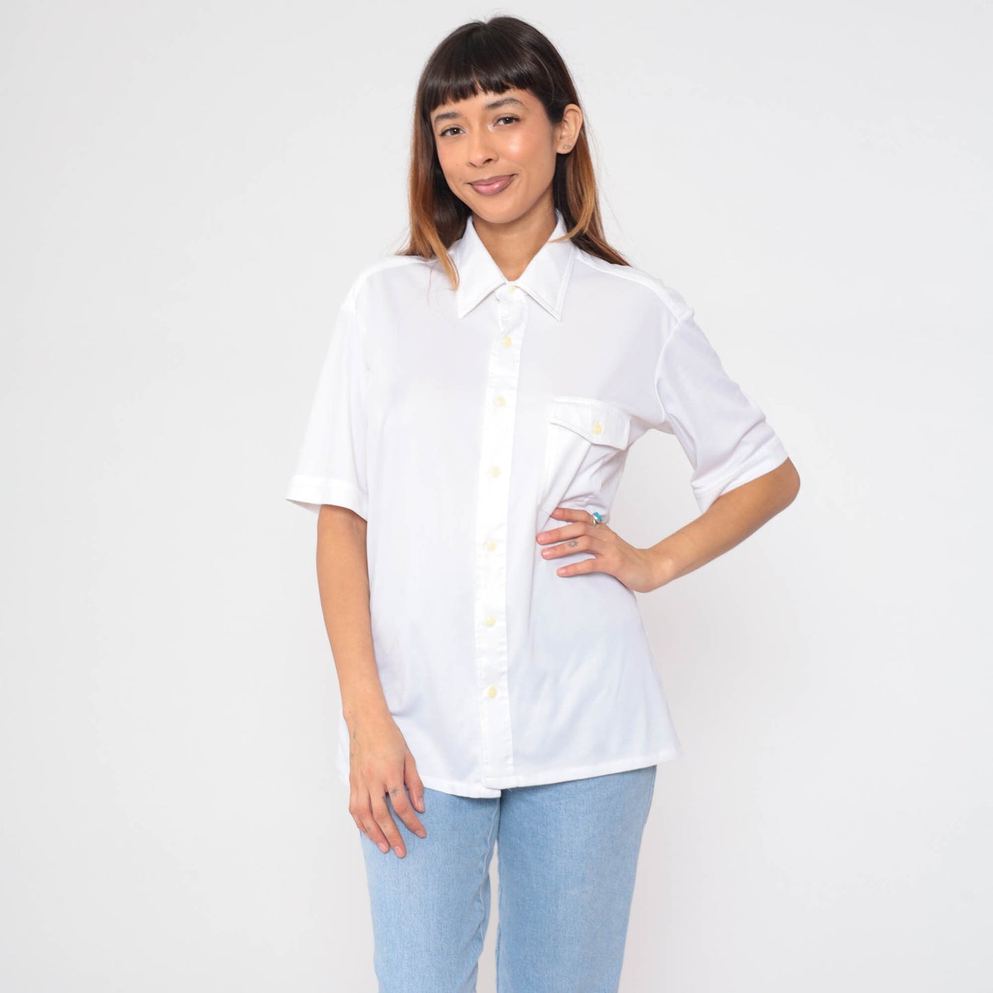 70s Sears White Button-Up Shirt Pointed Collar Utility Pocket Large L