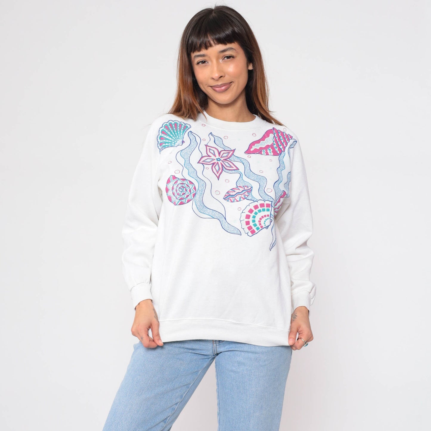 90s Seashell Starfish Sweatshirt White Ocean Graphic Raglan Crewneck Medium