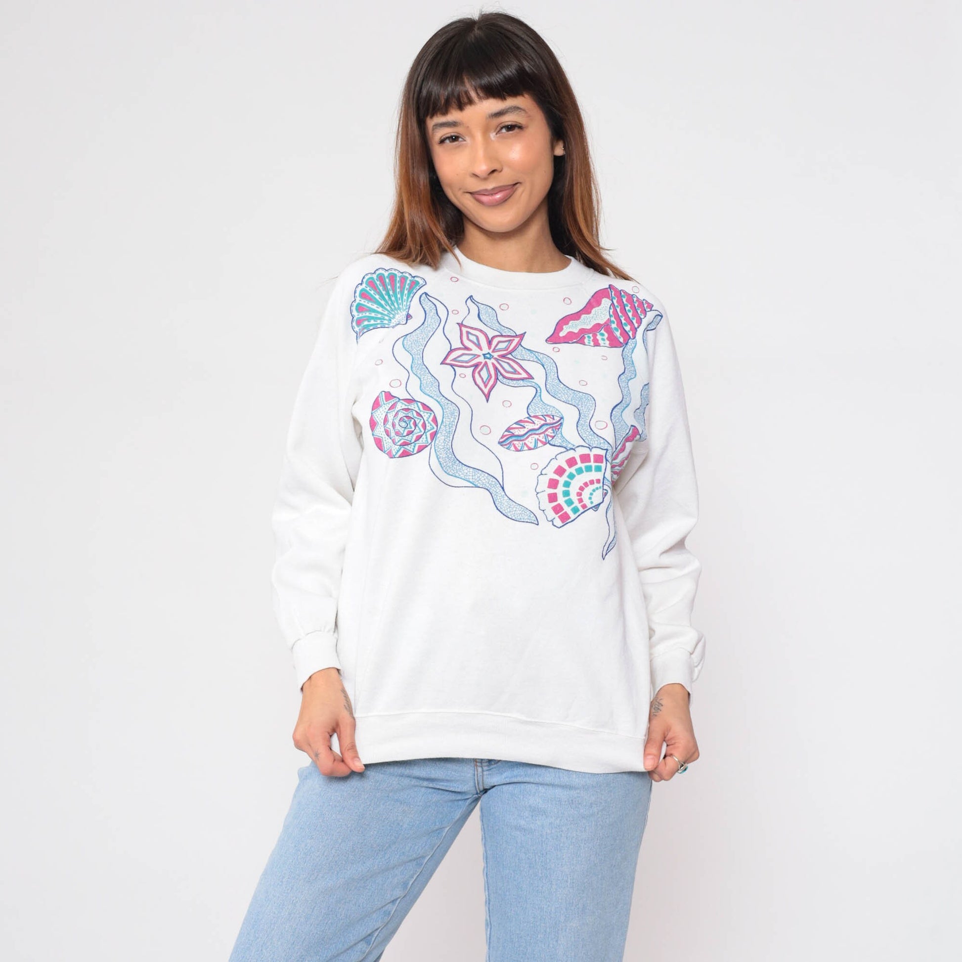 90s Seashell Starfish Sweatshirt White Ocean Graphic Raglan Crewneck Medium