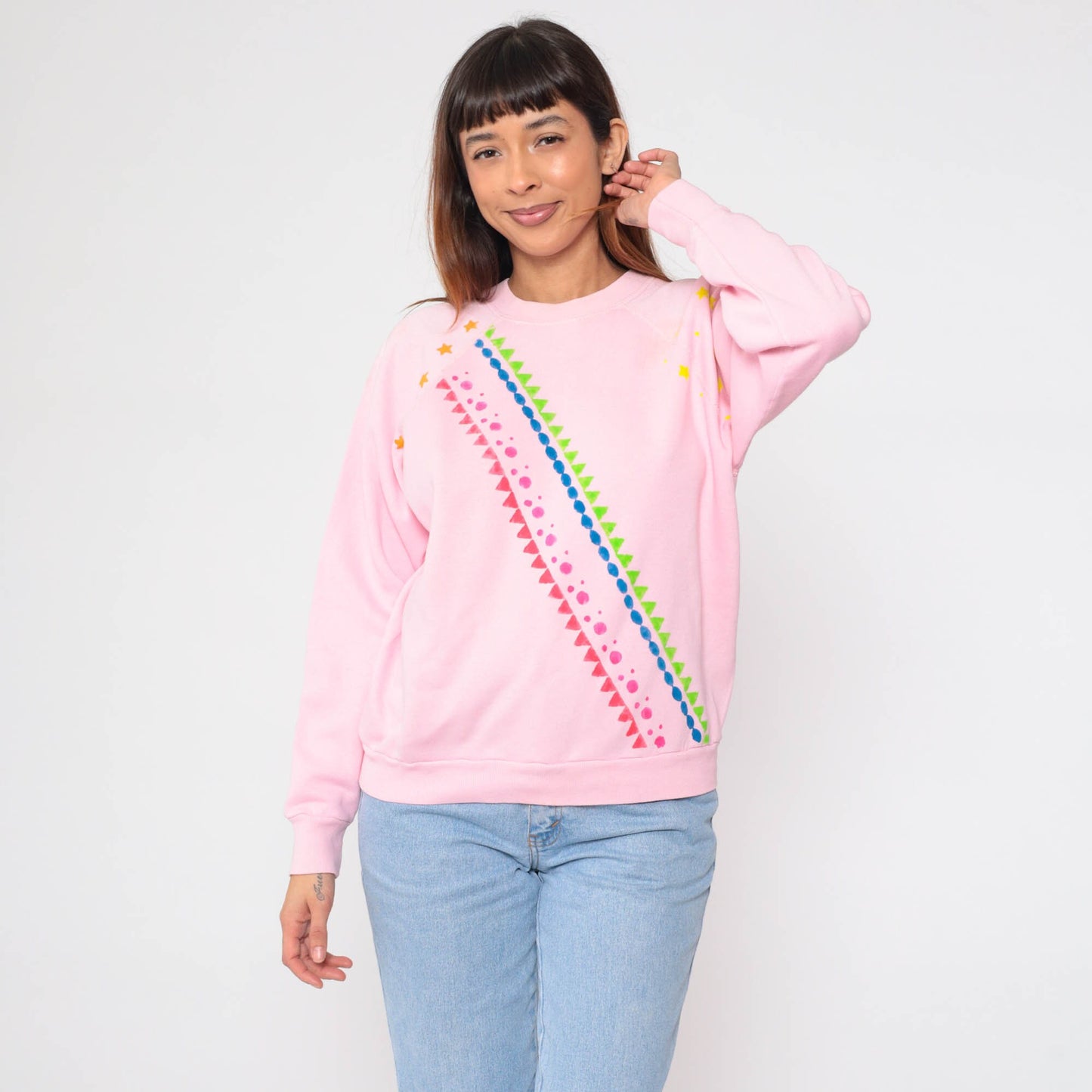 80s Tultex Geometric Star Sweatshirt Baby Pink Painted Crewneck Large L