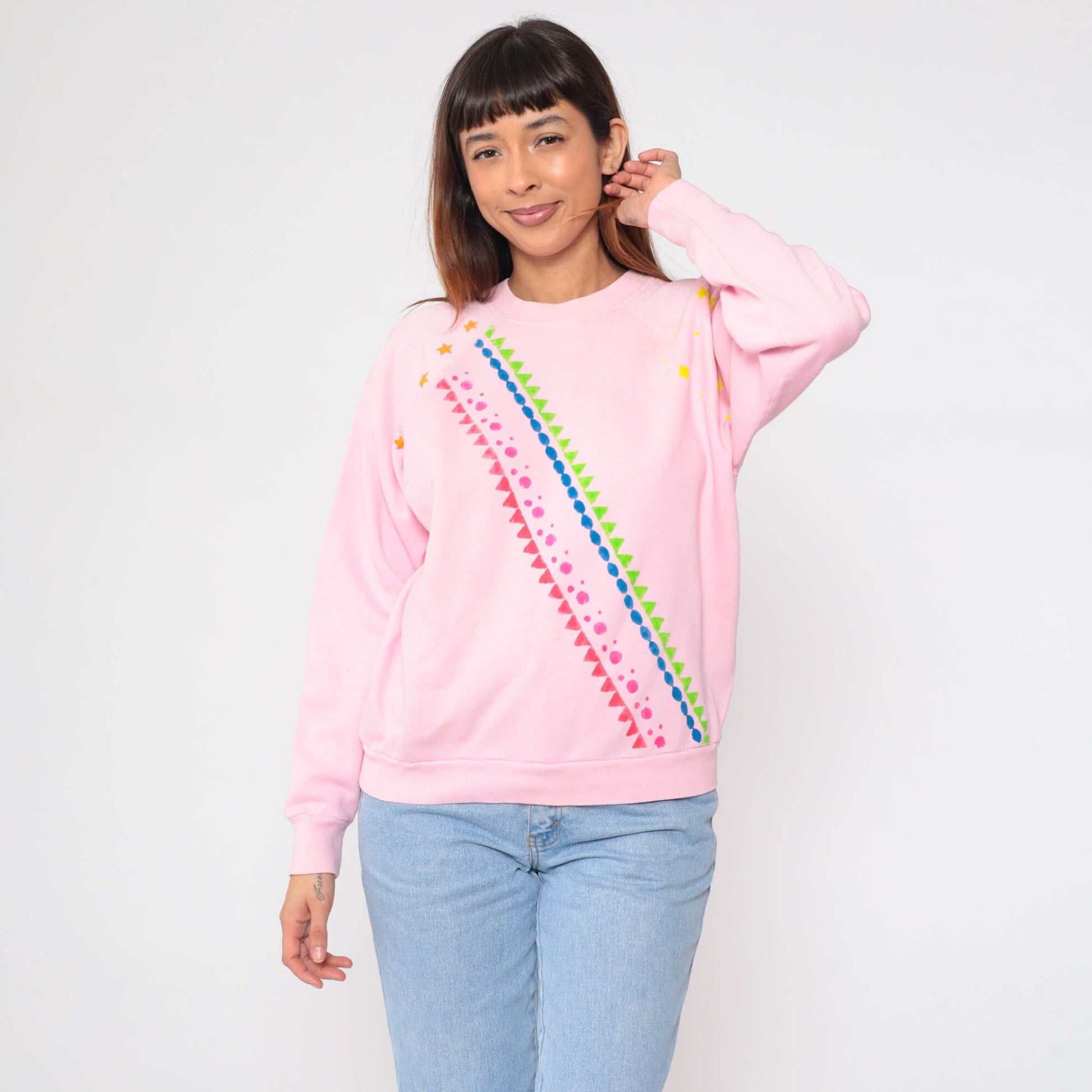 80s Tultex Geometric Star Sweatshirt Baby Pink Painted Crewneck Large L