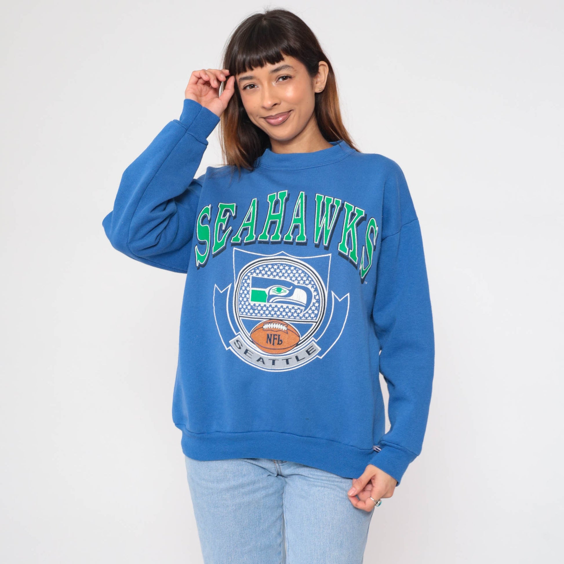 90s Seattle Seahawks NFL Sweatshirt Blue Crewneck Logo 7 Large