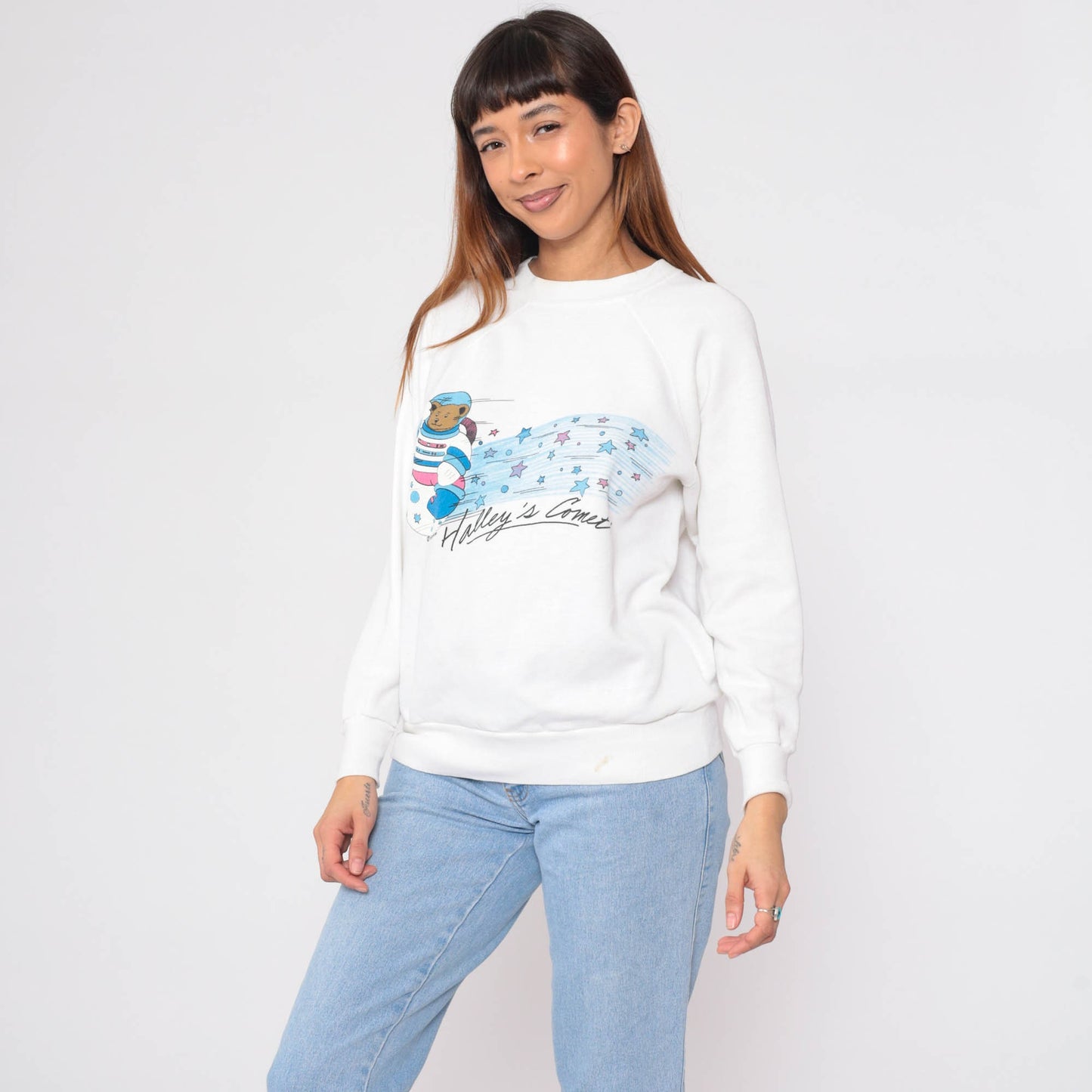 80s Halley's Comet Teddy Bear Astronaut Sweatshirt Raglan Crewneck Large L