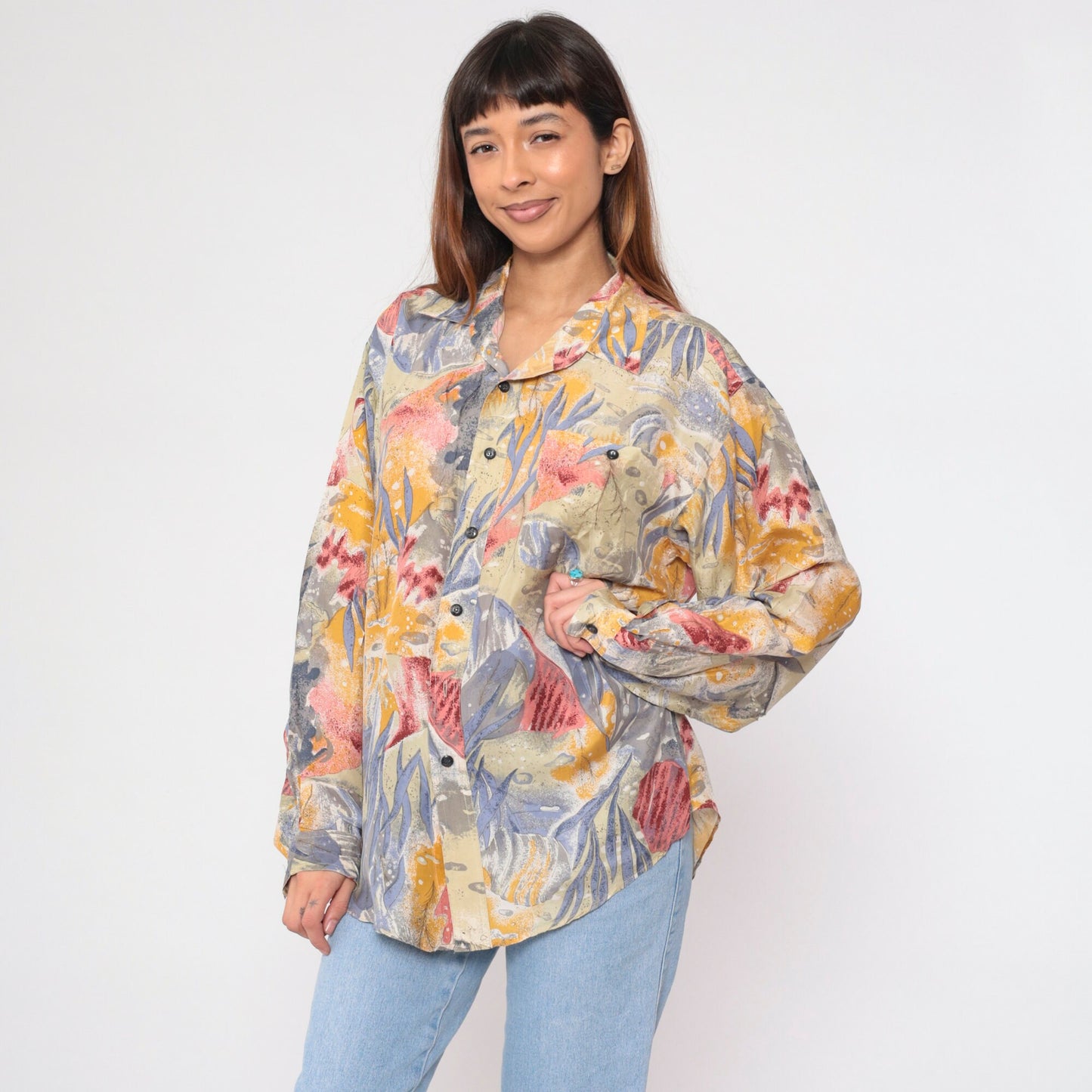 90s Fish Print Silk Button-Up Shirt Ocean Long Sleeve Medium M