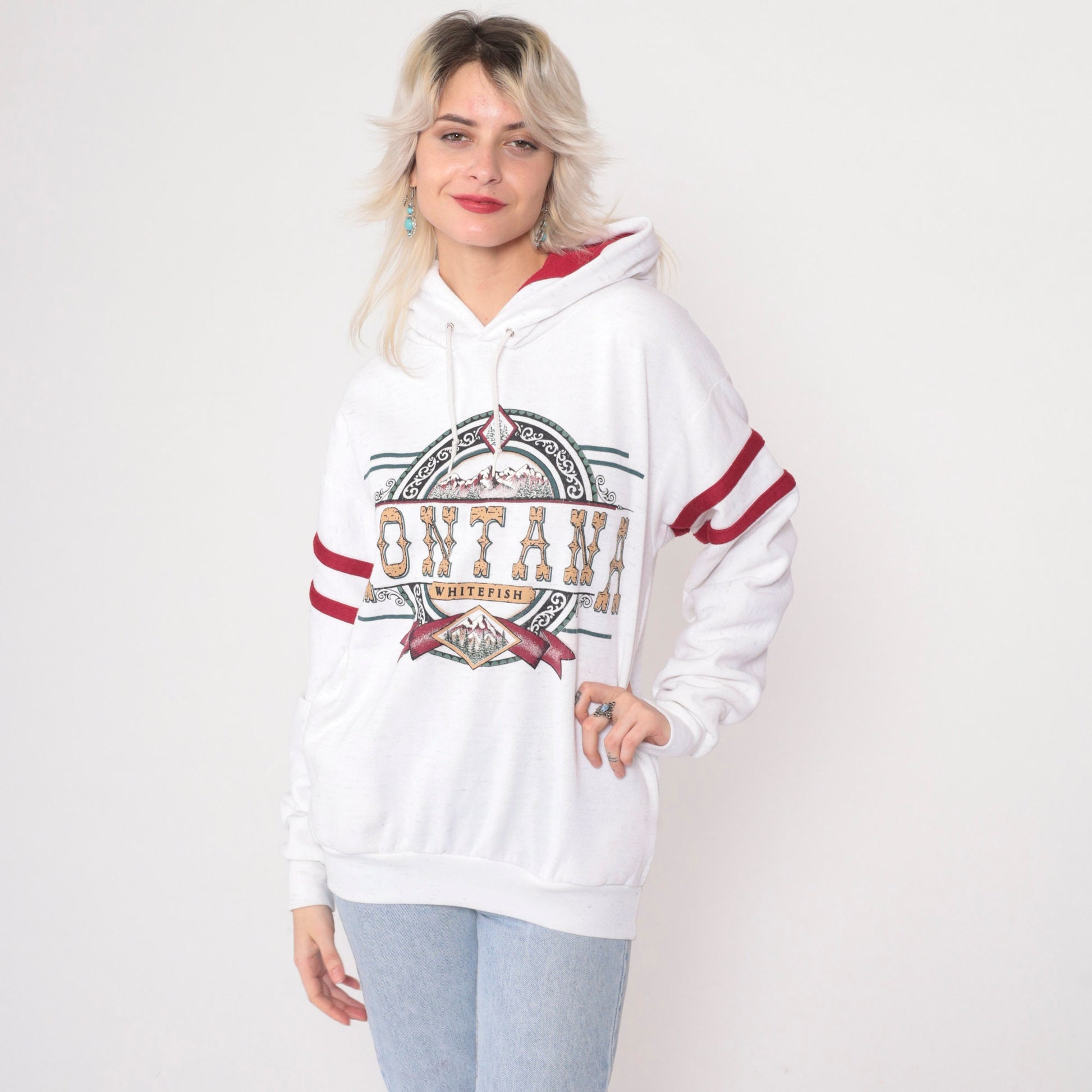 90s Whitefish Montana Hooded Sweatshirt White Graphic Pullover Medium