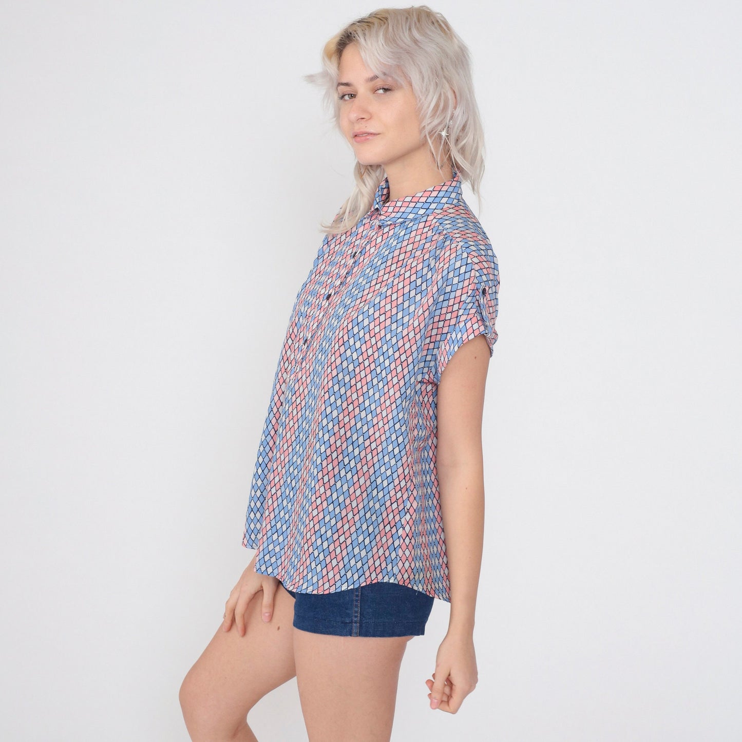 80s Diamond Print Half-Button Blouse Pink Blue White Cap Sleeve Medium M