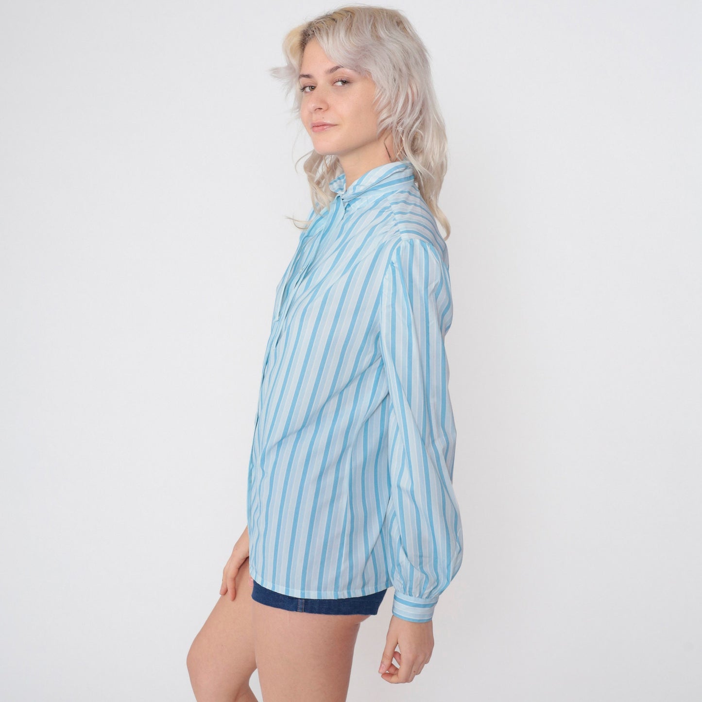 70s Striped Ascot Blouse Blue White Puff Sleeve Button Up Necktie Top Medium