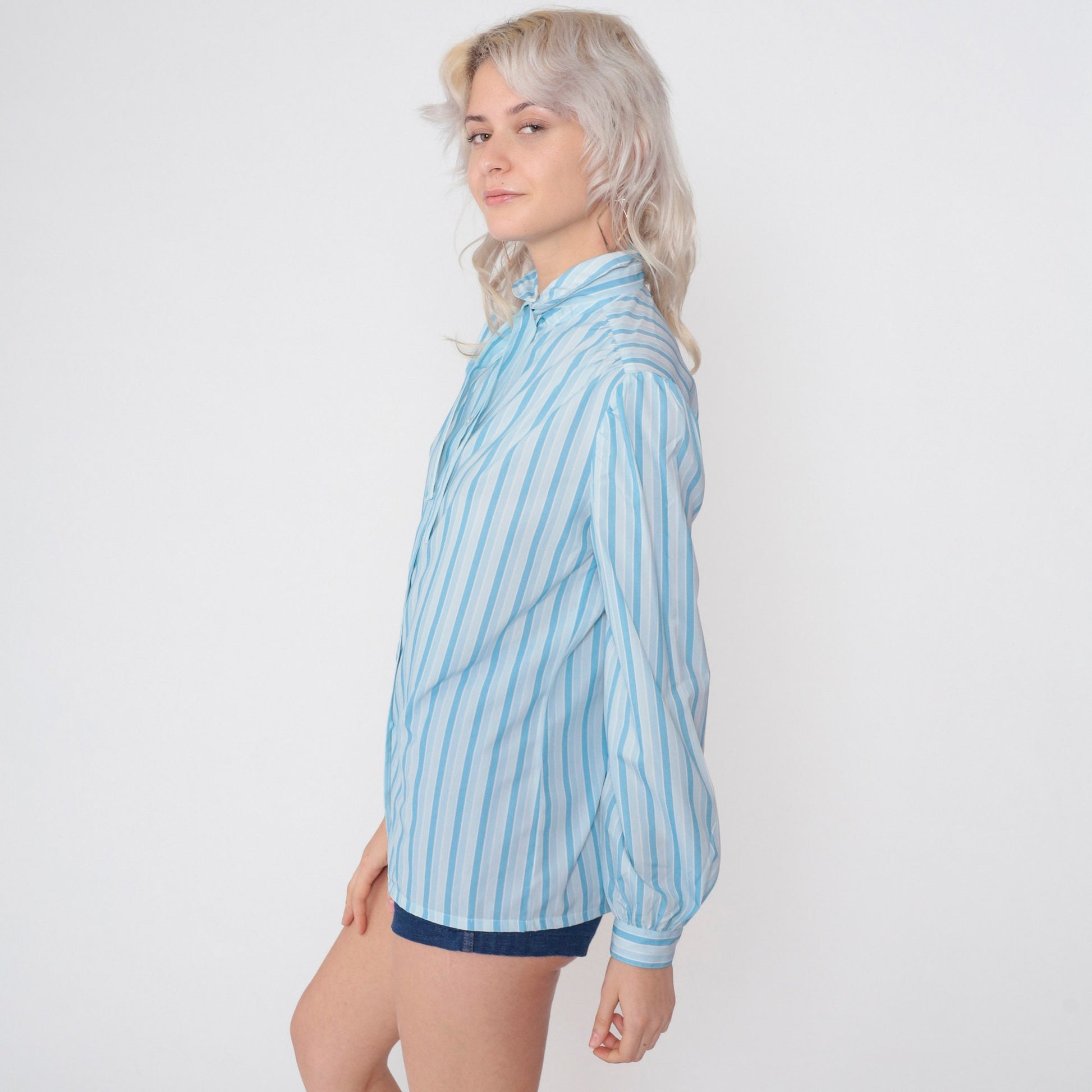 70s Striped Ascot Blouse Blue White Puff Sleeve Button Up Necktie Top Medium