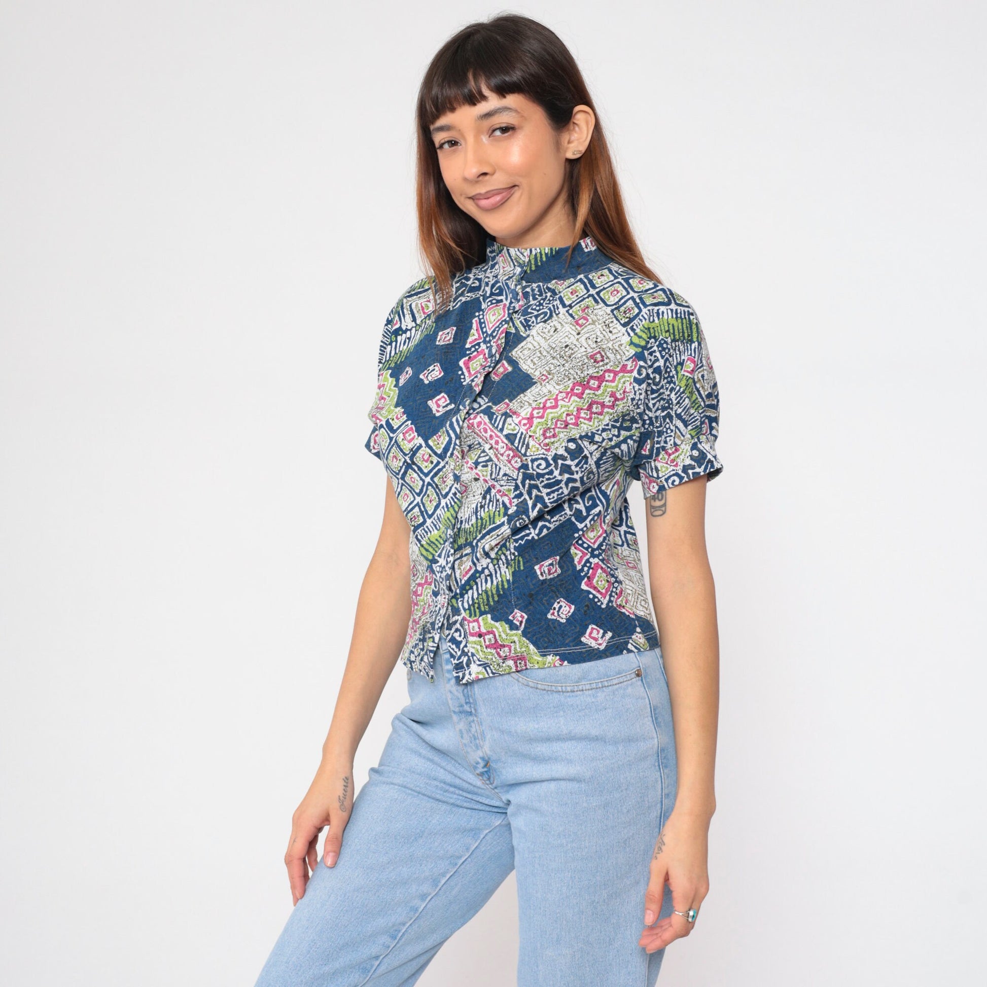 90s Batik Abstract Geometric Print Button-Up Shirt Blue Mock Neck Small