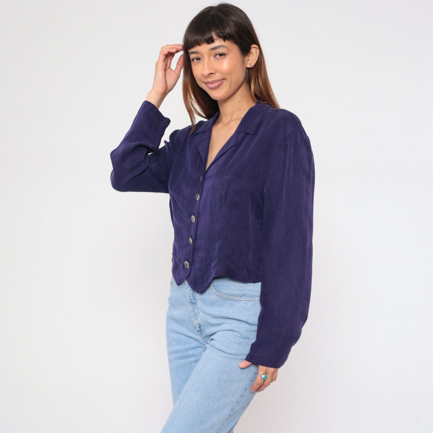 90s Purple Embossed Diamond Blouse Button Up Long Sleeve Collared Shirt Large