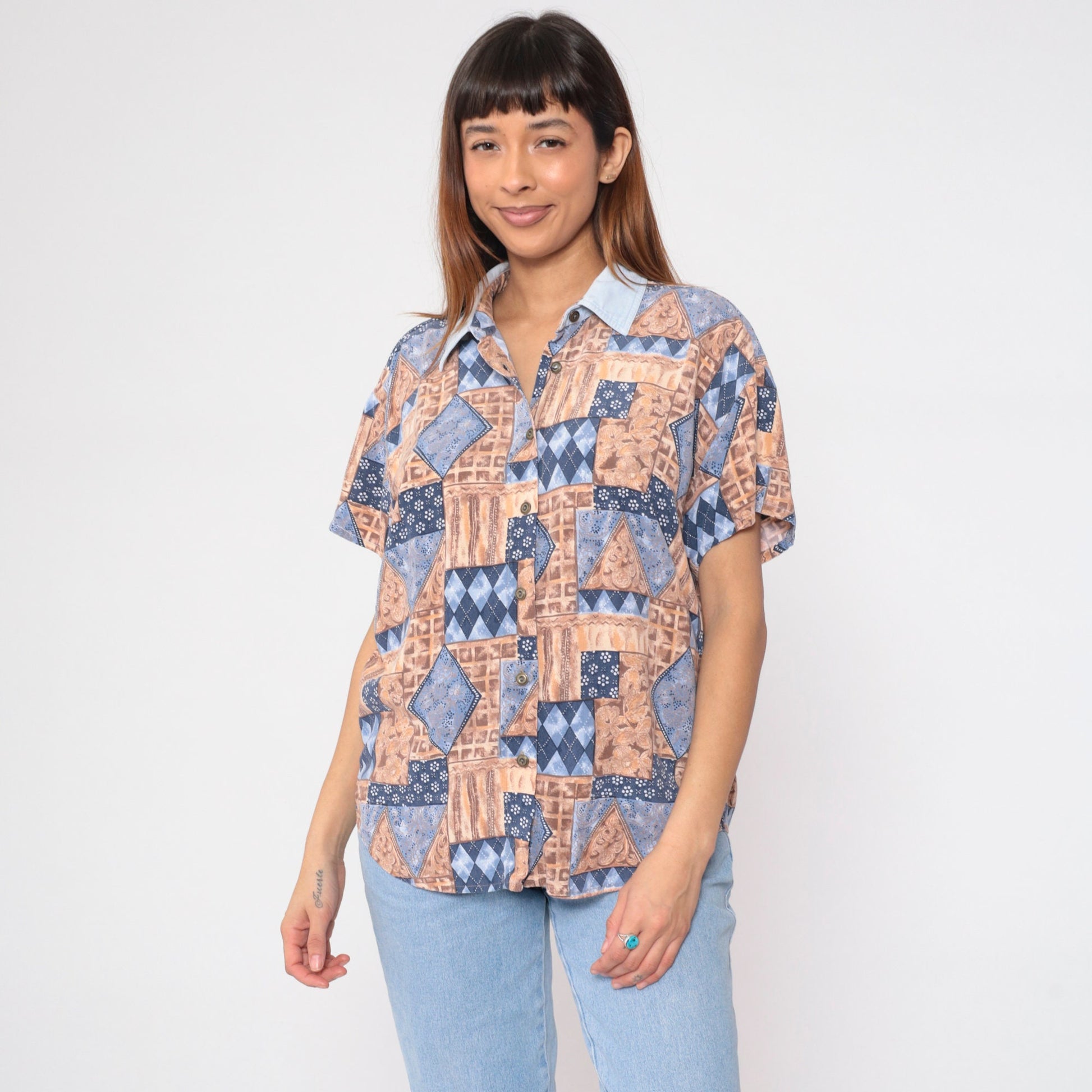 90s Geometric Floral Button-Up Blouse Short Sleeve Patchwork Print Blue Tan Large L