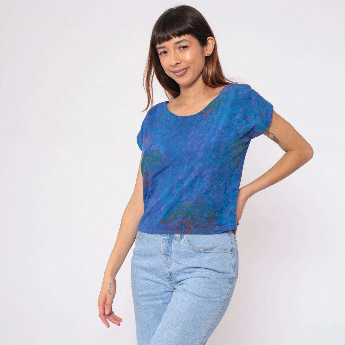 Y2K Tie Dye Floral Blouse Blue Pink Green Cap Sleeve Small
