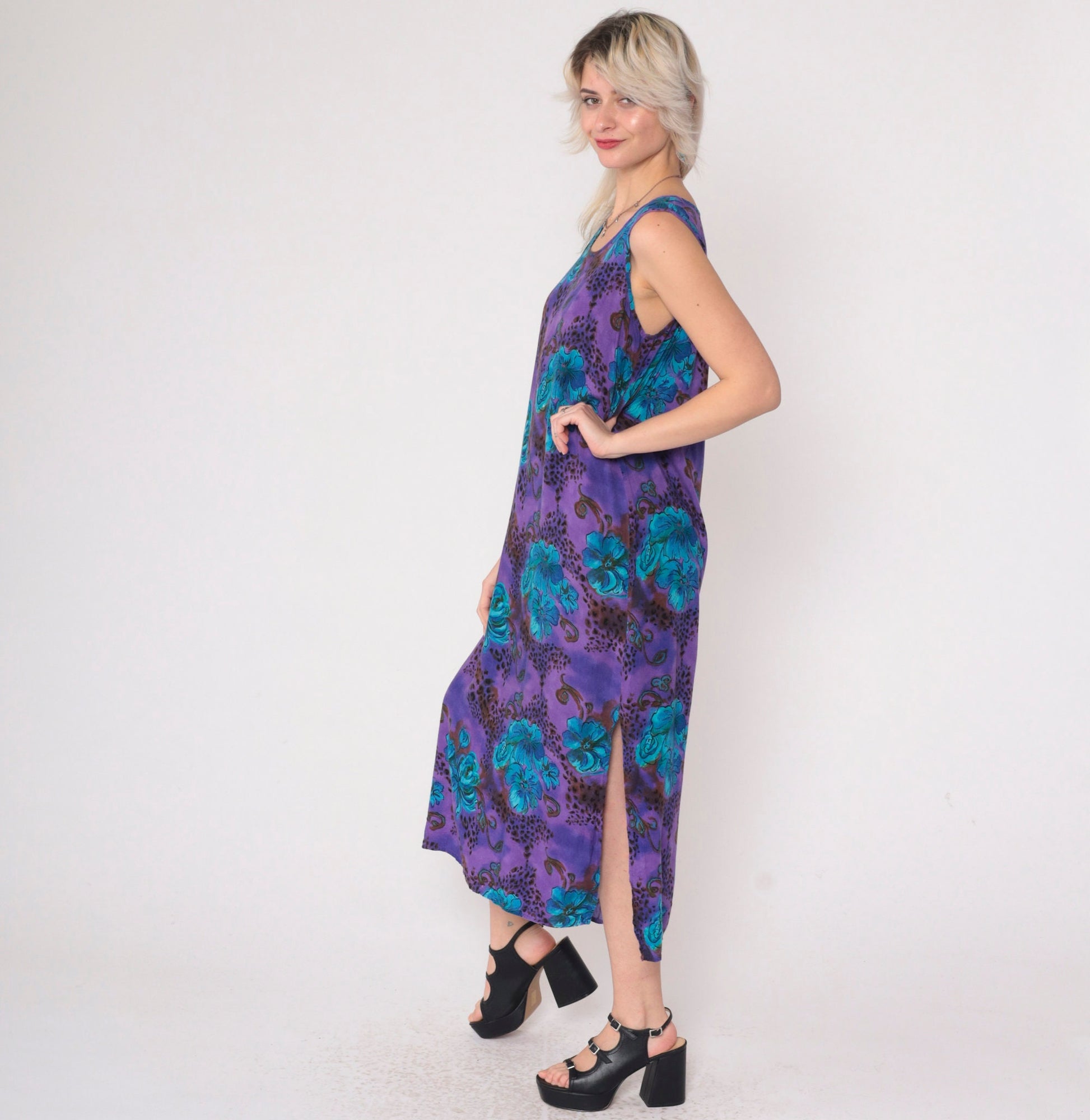 90s Caribou Floral Leopard Print Midi Dress Purple Blue Sleeveless Small