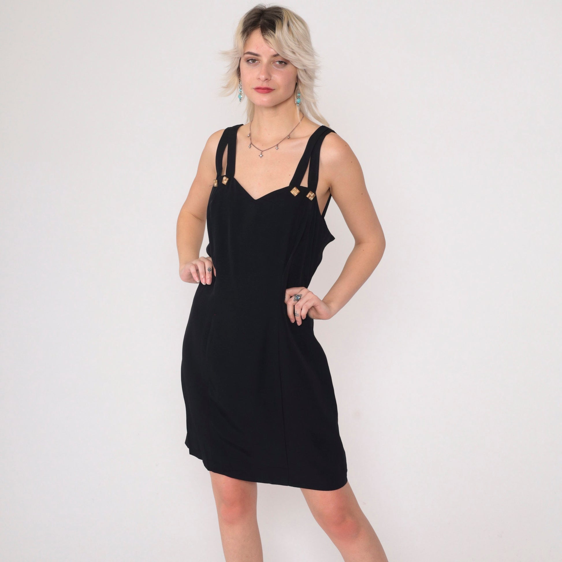 90s Black Mini Dress Sweetheart Neckline Keyhole Strappy Sheath Small