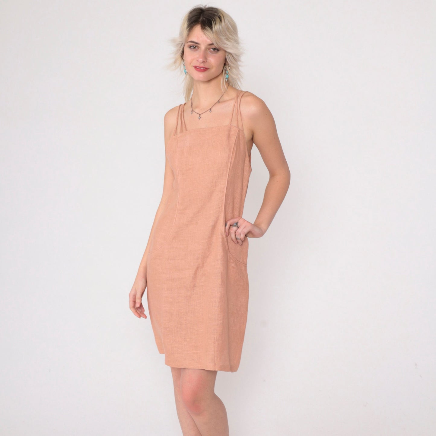 90s Muted Peach Linen Mini Dress Triple Spaghetti Strap Sheath Small