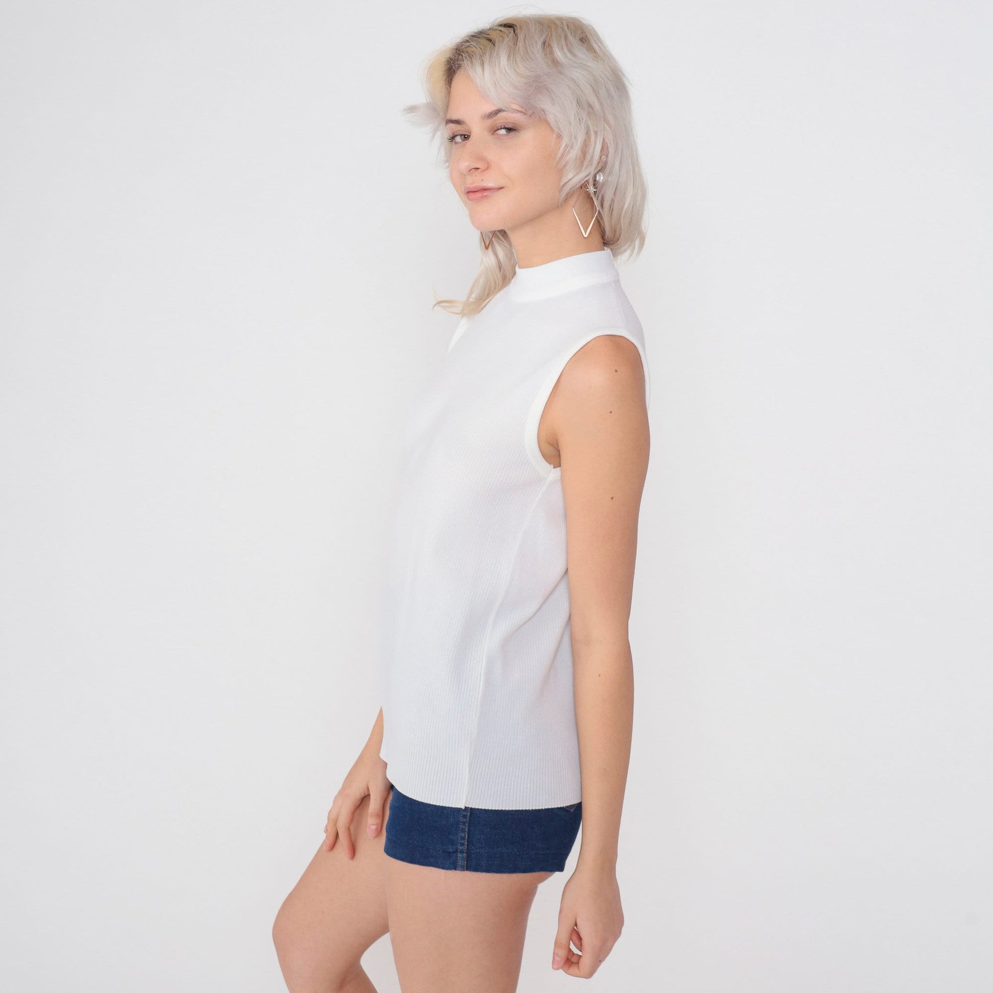 70s White Ribbed Mock Neck Sleeveless Tank Top Extra Small
